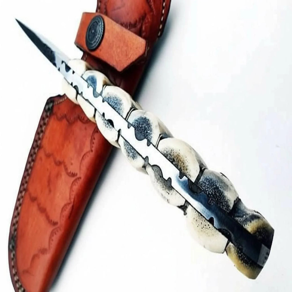 9' Handmade Damascus Skinner Knife with Stag Bone Handle and Gut Hook Blade