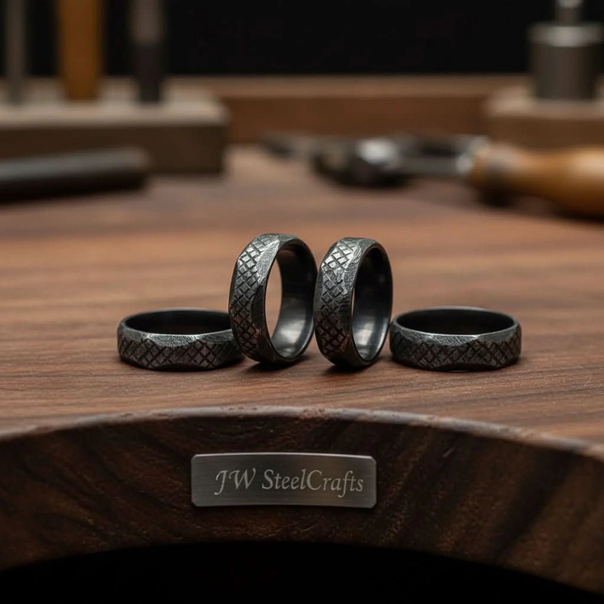 Black Damascus Steel Ring Lot with Hand Filed Texture