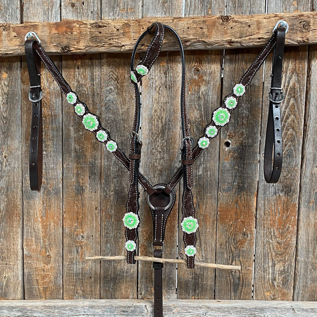 Dark Oil Floral Neon Green Browband / One Ear Tack Set #BBBC560 — view 2