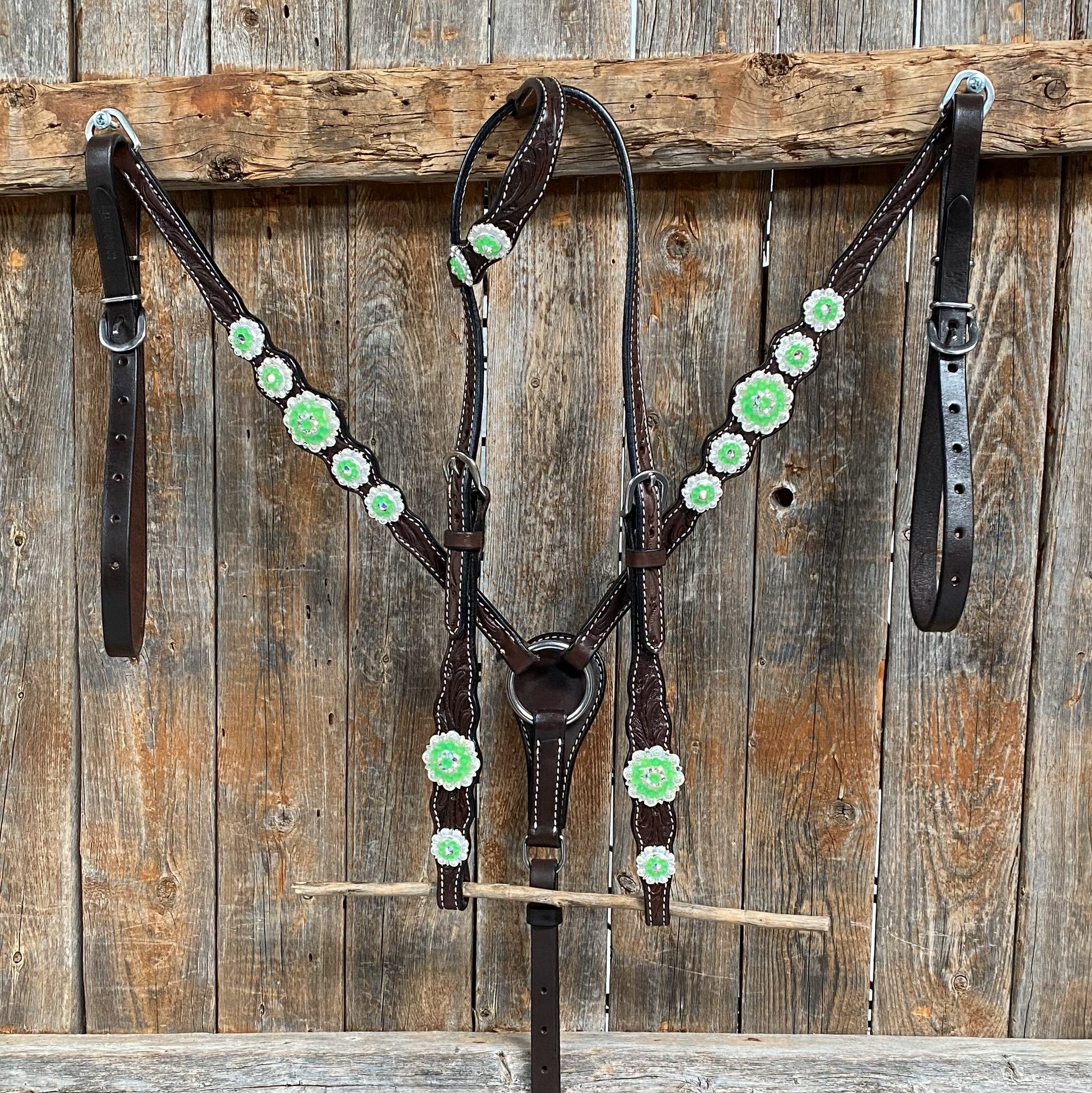 Dark Oil Floral Neon Green Browband / One Ear Tack Set #BBBC560 — view 2