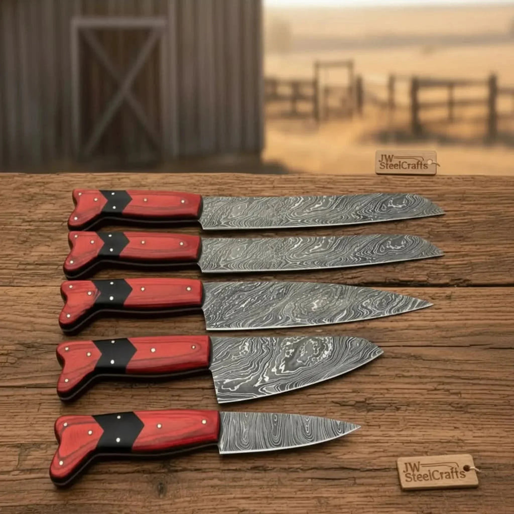 5-Piece Damascus Carving Knife Set Red Pakka Black Resin with Wood Grain Damascus Blades