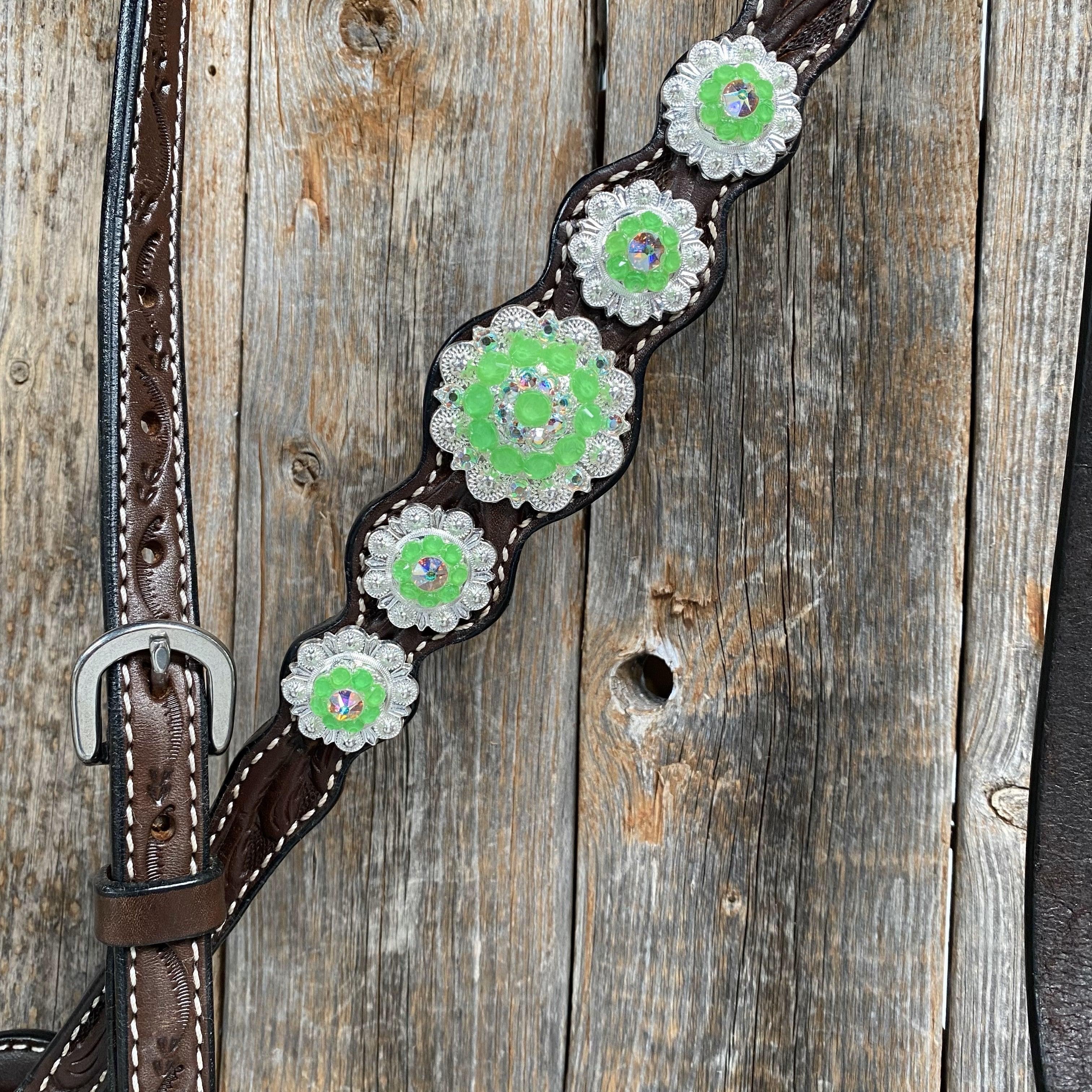 Dark Oil Floral Neon Green Browband / One Ear Tack Set #BBBC560 — view 4