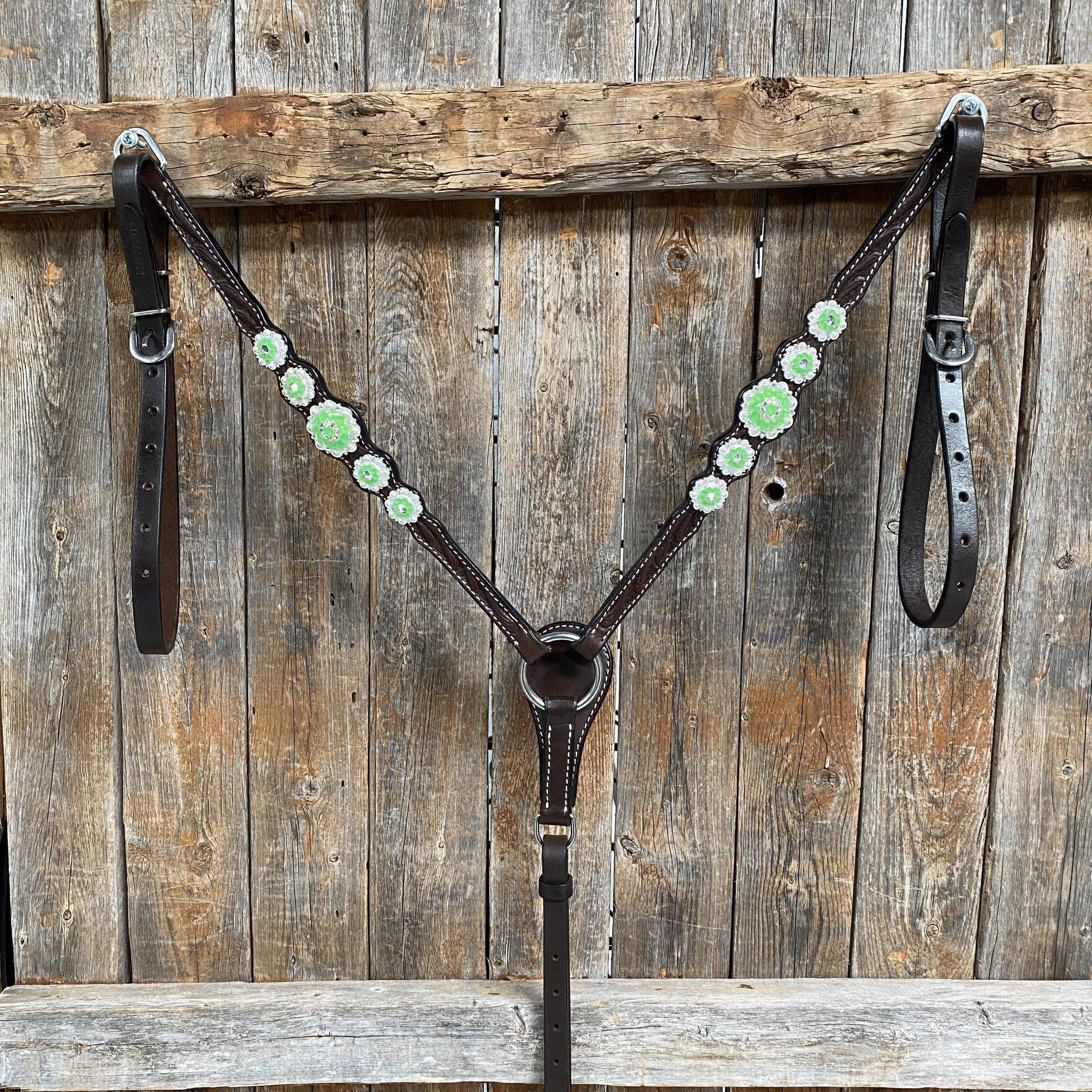 Dark Oil Floral Neon Green Browband / One Ear Tack Set #BBBC560 — view 3