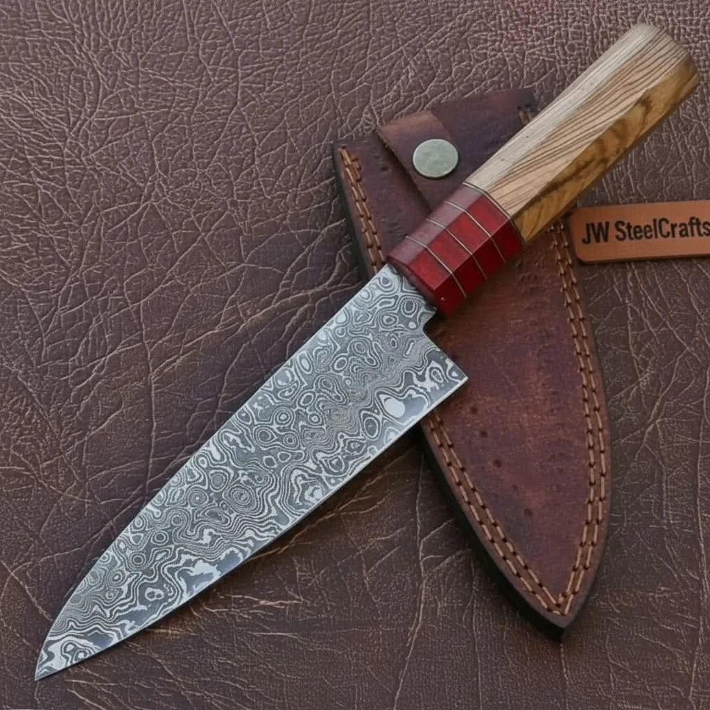 Pattern-Welded Damascus Gyuto 8–9″ Professional Chef Knife with Hybrid French–Japanese Grind