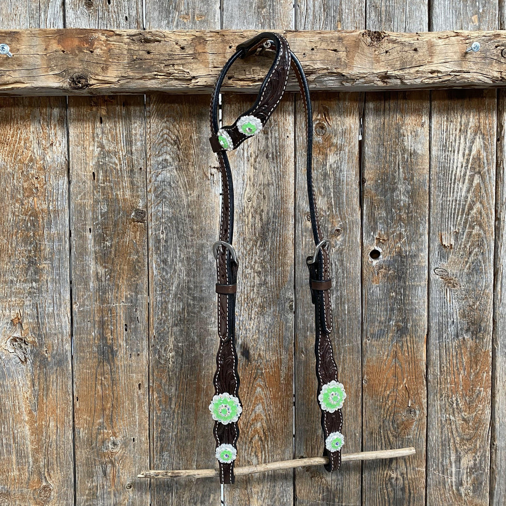 Dark Oil Floral Neon Green Browband / One Ear Tack Set #BBBC560 — view 8