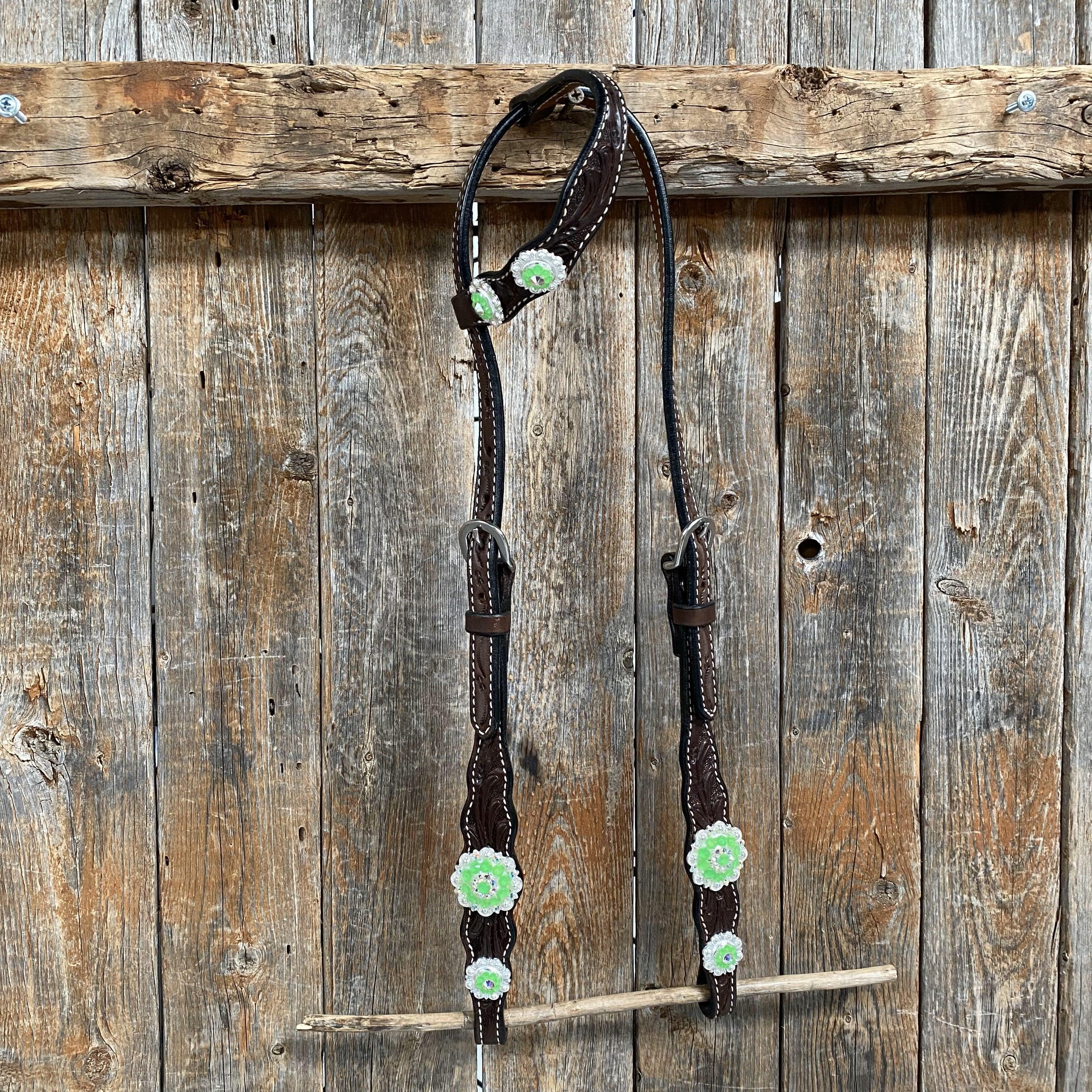 Dark Oil Floral Neon Green Browband / One Ear Tack Set #BBBC560 — view 8