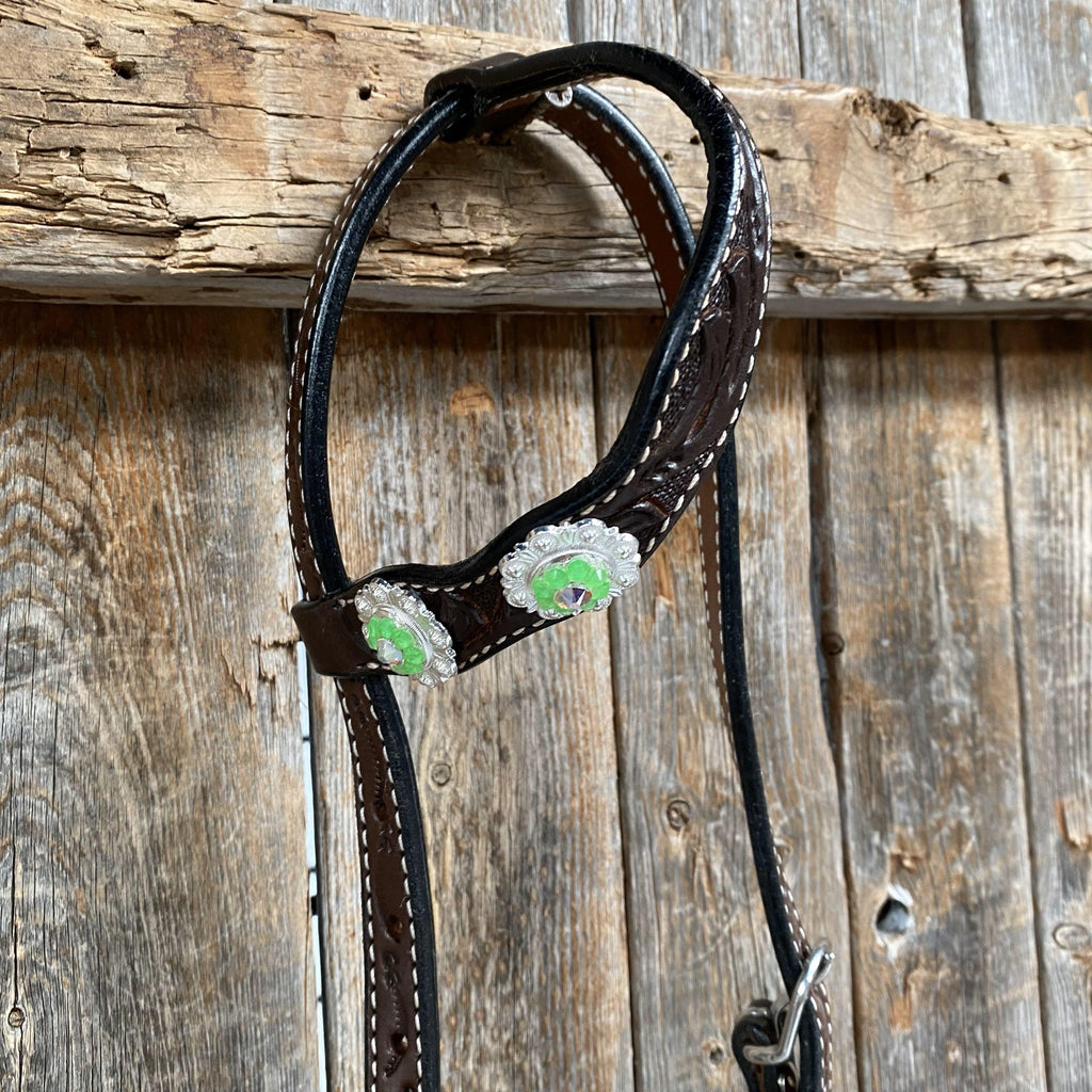 Dark Oil Floral Neon Green Browband / One Ear Tack Set #BBBC560 — view 9