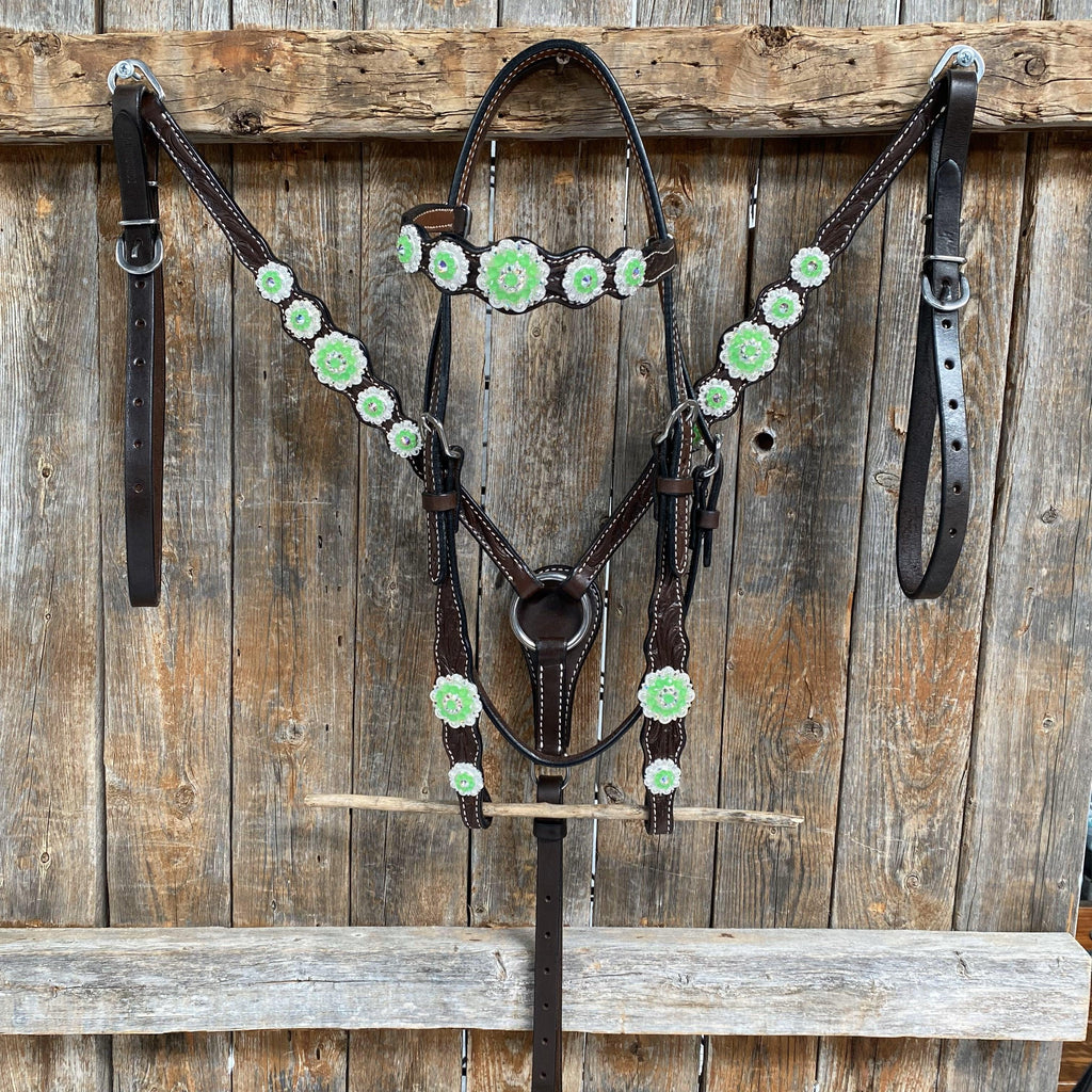 Dark Oil Floral Neon Green Browband / One Ear Tack Set #BBBC560