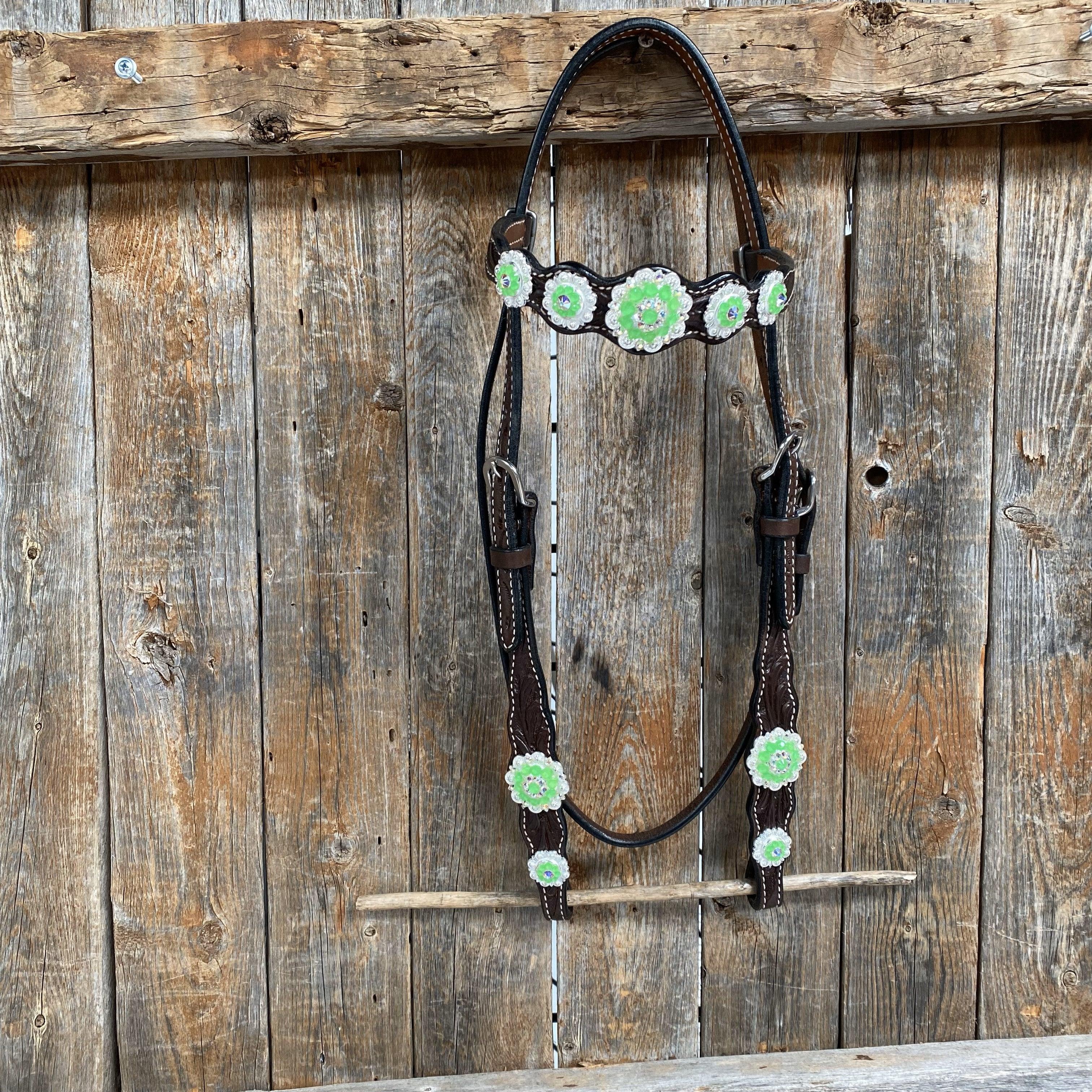 Dark Oil Floral Neon Green Browband / One Ear Tack Set #BBBC560 — view 5