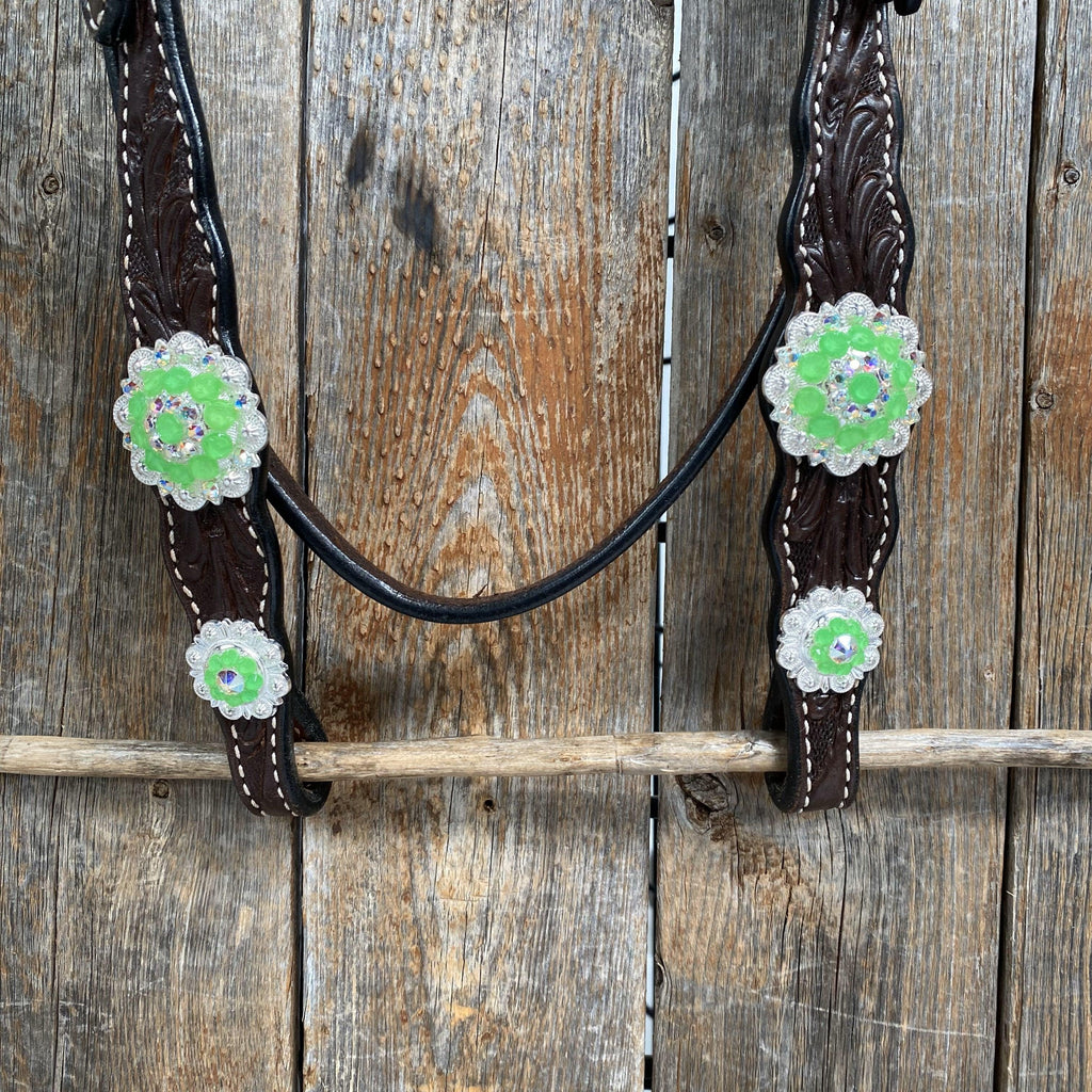 Dark Oil Floral Neon Green Browband / One Ear Tack Set #BBBC560 — view 7