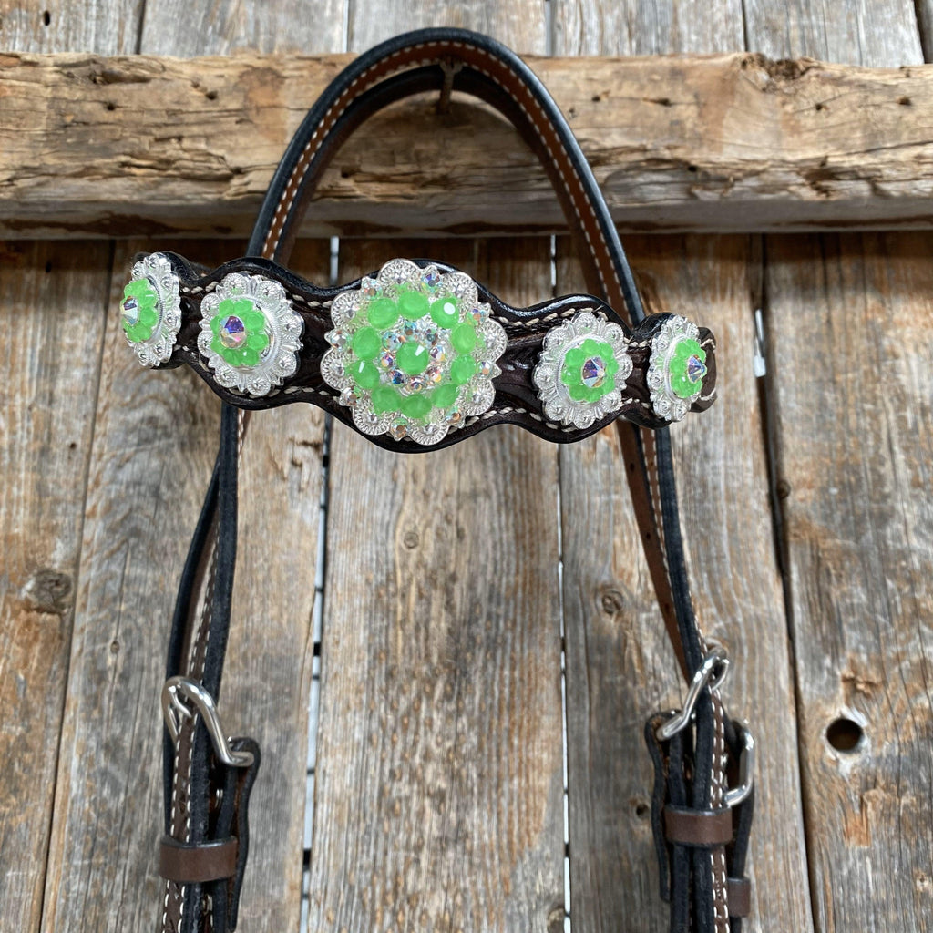 Dark Oil Floral Neon Green Browband / One Ear Tack Set #BBBC560 — view 6