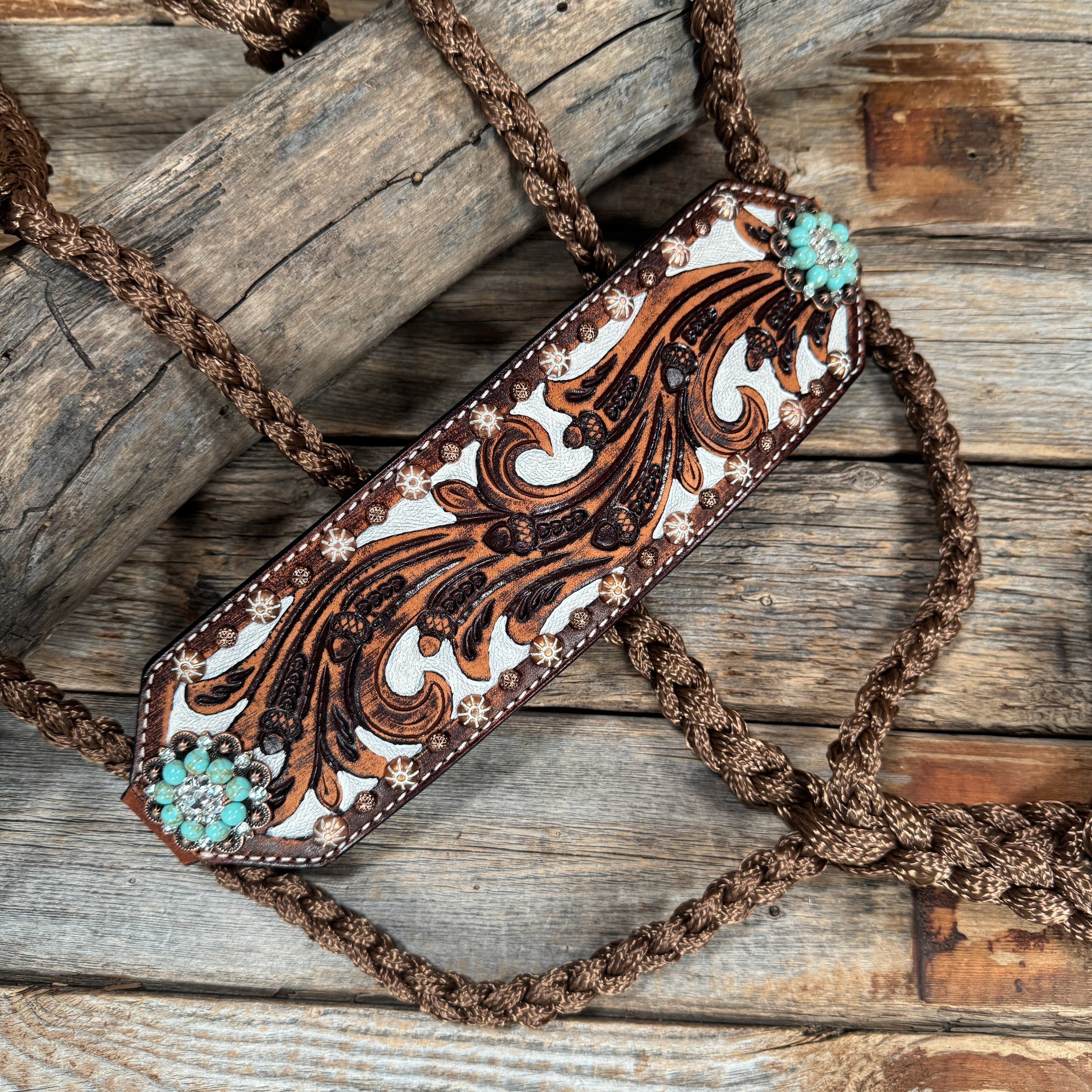Bronc Noseband Mule Tape Halter with Copper Turquoise/Clear Conchos #MT301 — view 3