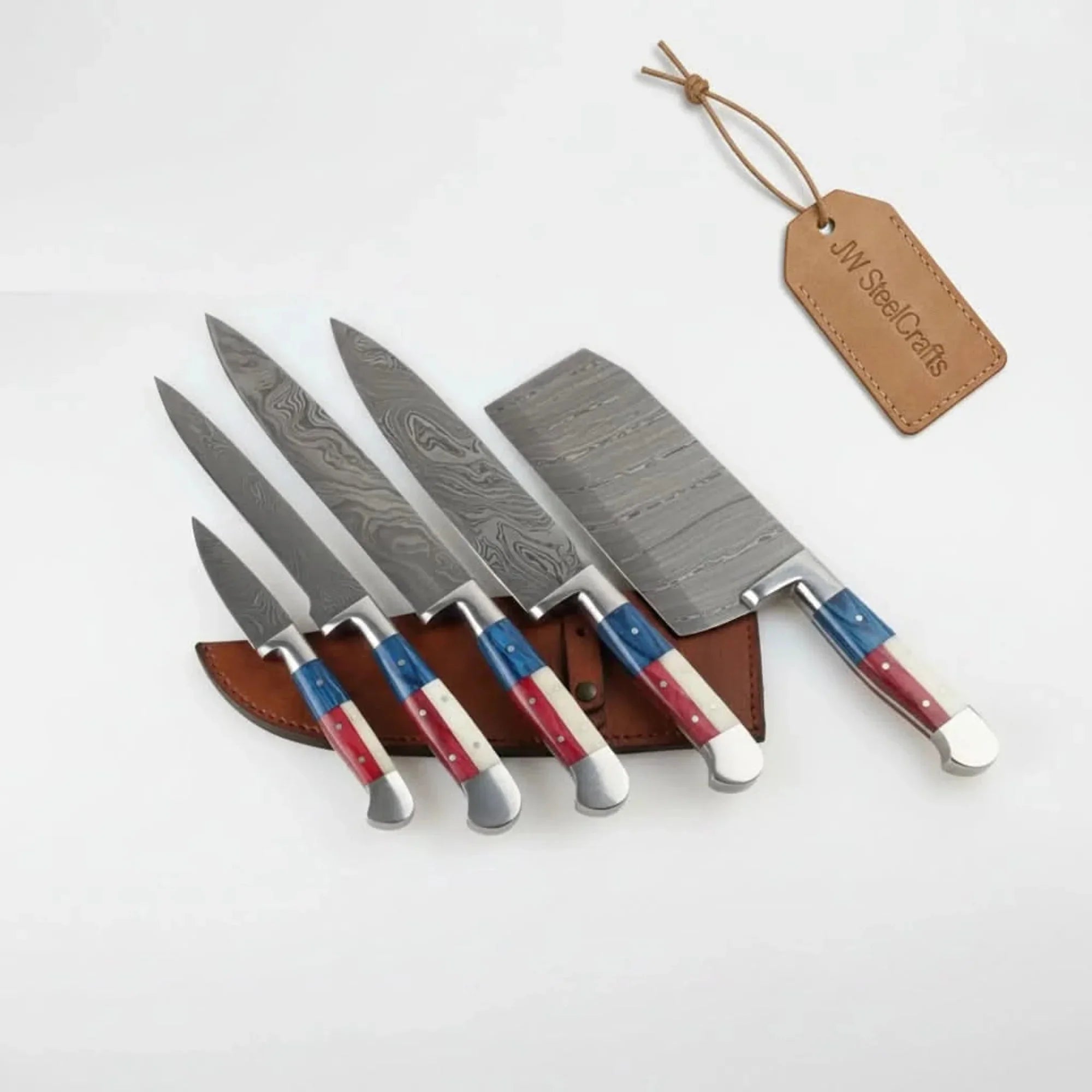 6-Piece Damascus Knife Set with Butcher Cleaver 7 to 13 Inch Blades with Full Tang