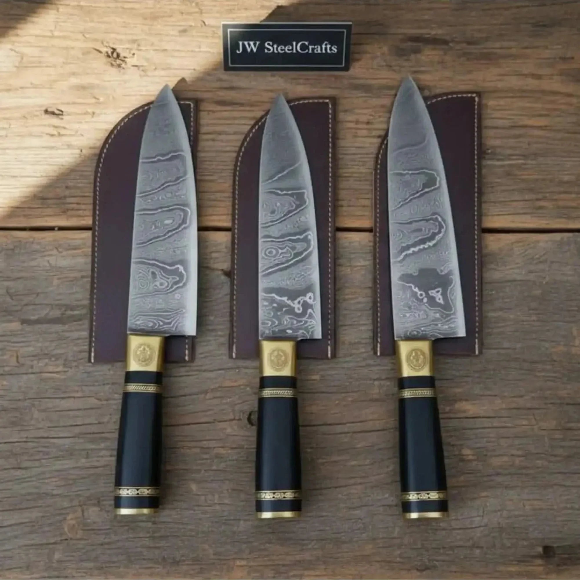 3-Piece Damascus Chef Knife Set — 13 Inch Blades with Black Resin Handles, Brass Bolsters & Leather Sheaths | JW Steel Crafts