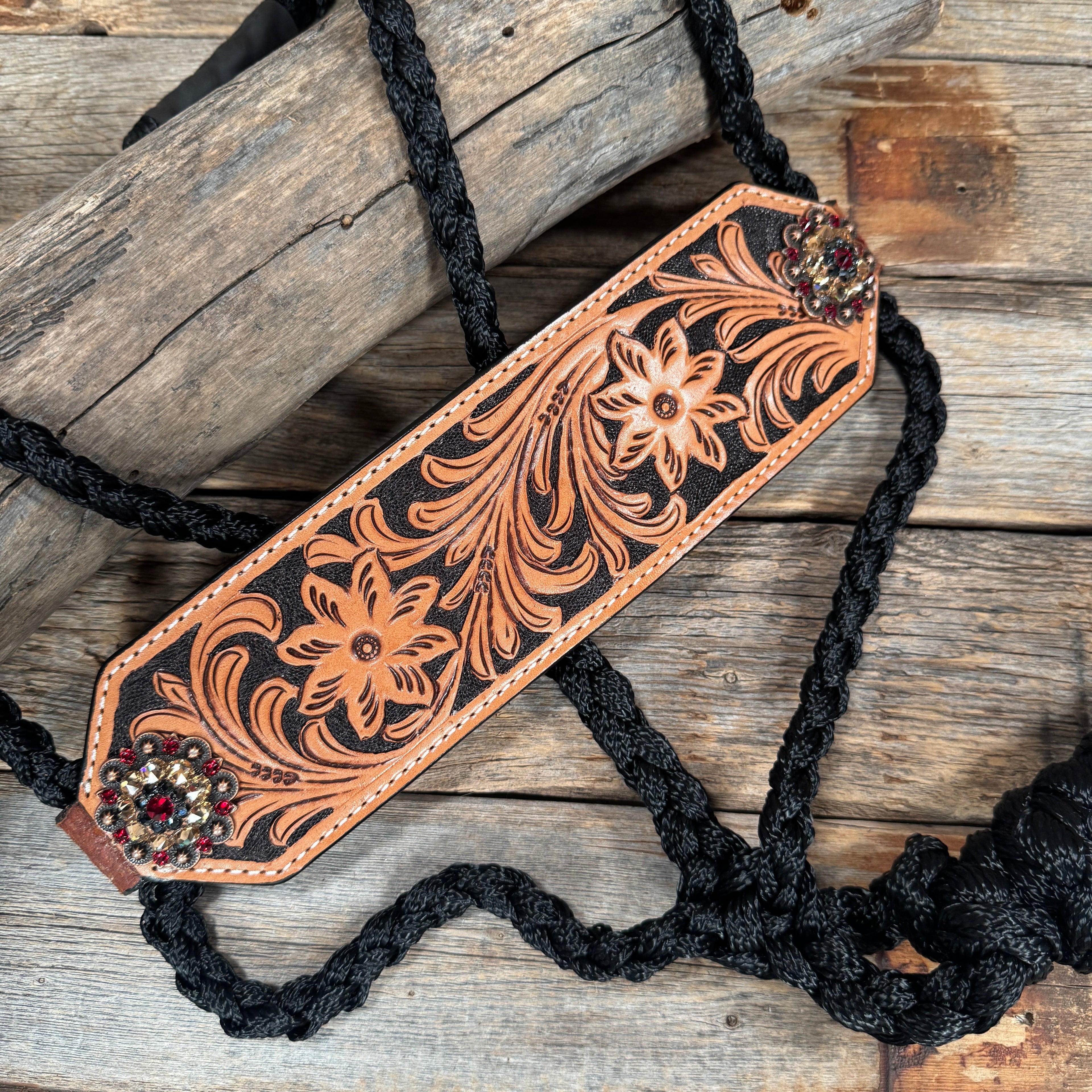 Bronc Noseband Mule Tape Halter with Copper Ruby/Jet/Champagne Conchos #MT302 — view 3