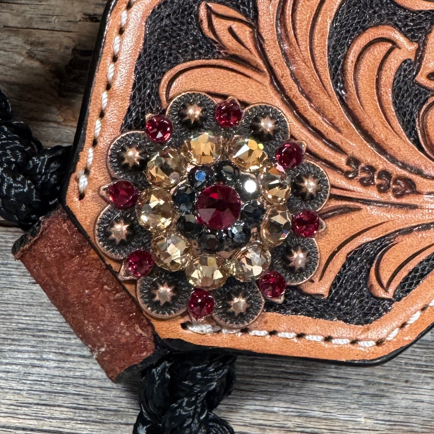 Bronc Noseband Mule Tape Halter with Copper Ruby/Jet/Champagne Conchos #MT302 — view 2