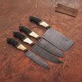 4-Piece Hand-Forged Damascus Kitchen Knife Set with Mixed Handles — Bone, Rosewood, and Black Resin Handles