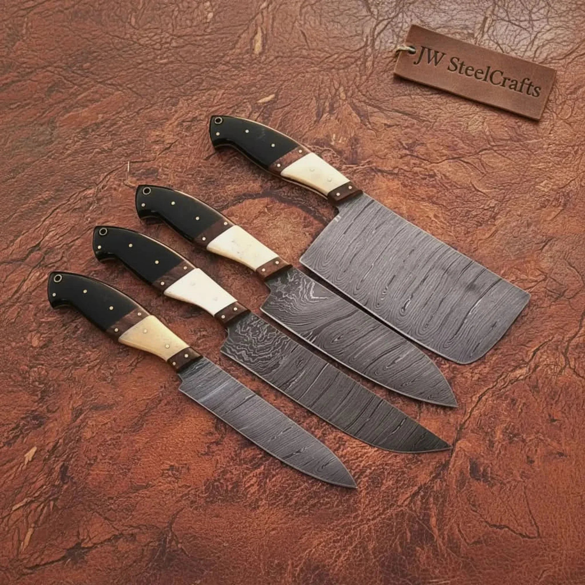 4-Piece Hand-Forged Damascus Kitchen Knife Set with Mixed Handles — Bone, Rosewood, and Black Resin Handles