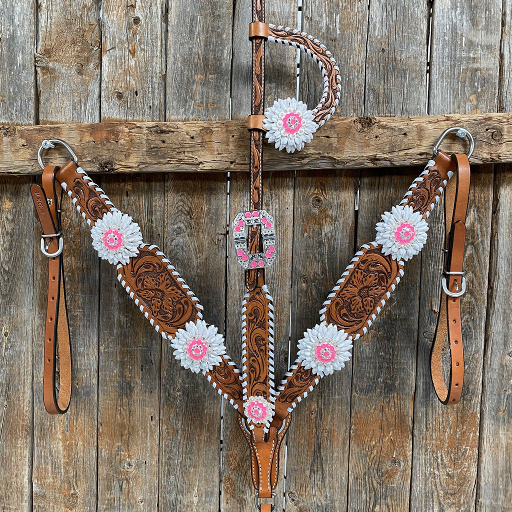 Light Oil Whipstitch Neon and White One Ear/ Breastcollar Tack Set #OEBC561