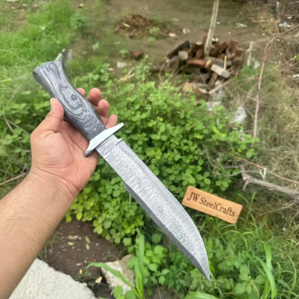 Handmade Damascus Recurve Clip Point Bowie Knife 10” Fixed Blade Outdoor Survival Knife