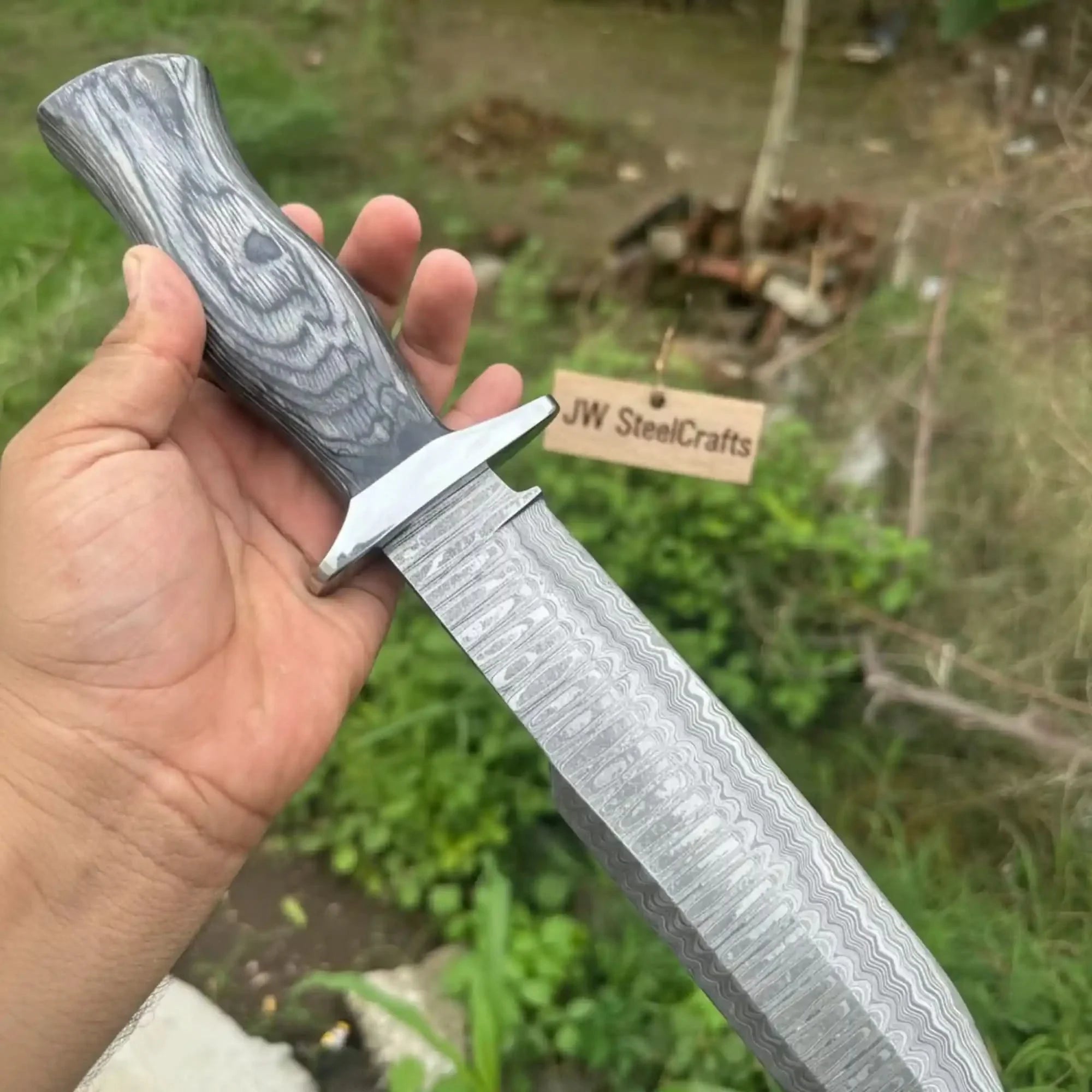 Handmade Damascus Recurve Clip Point Bowie Knife 10” Fixed Blade Outdoor Survival Knife