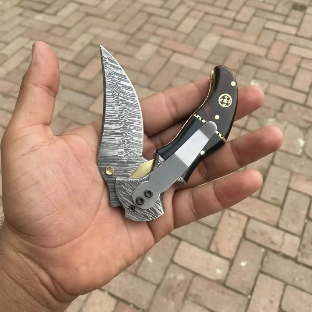 Damascus Recurve Folding Pocket Knife Liner Lock, Black Resin & Wood Handle, Brass Spacer & Pocket Clip