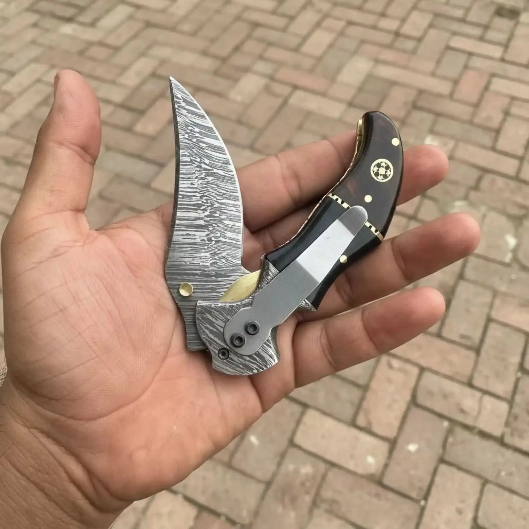 Damascus Recurve Folding Pocket Knife Liner Lock, Black Resin & Wood Handle, Brass Spacer & Pocket Clip