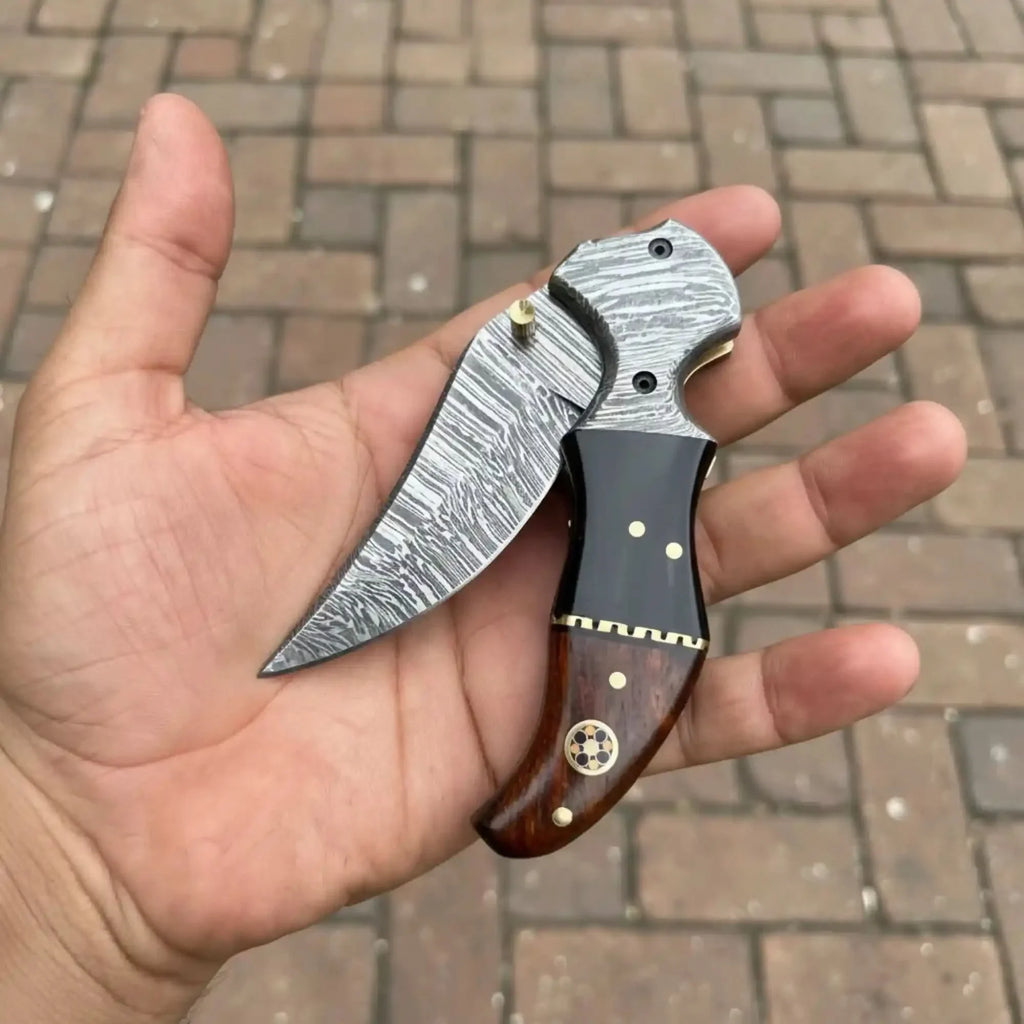 Damascus Recurve Folding Pocket Knife Liner Lock, Black Resin & Wood Handle, Brass Spacer & Pocket Clip