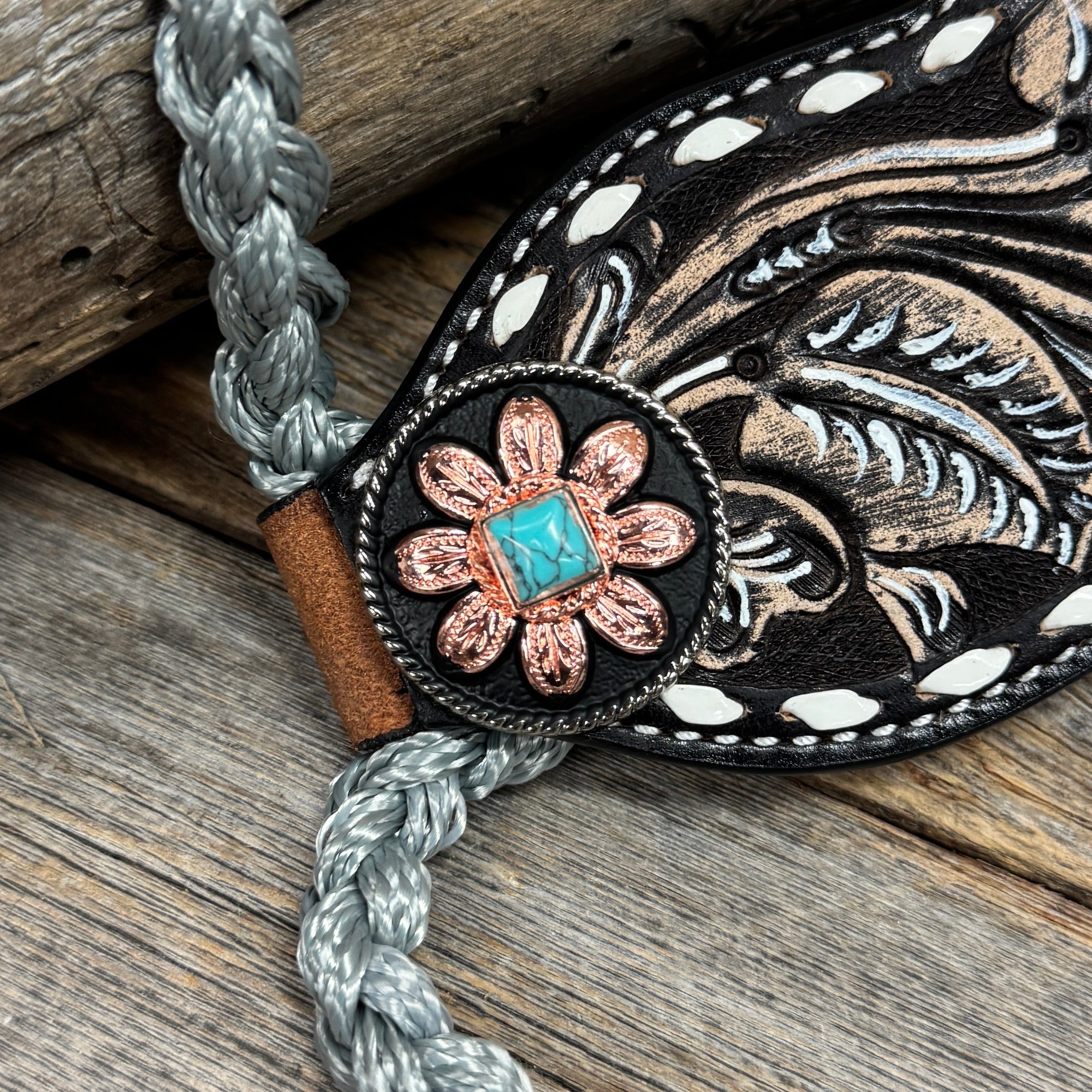 Bronc Noseband Mule Tape Halter with Turquoise Sunflower Western Conchos #MT306 — view 2