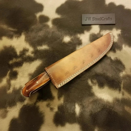 14-Inch Handmade Damascus Chef Knife – Brown Handle & Brass Bolster | Layered Damascus Blade | Hand-Stitched Leather Sheath Included