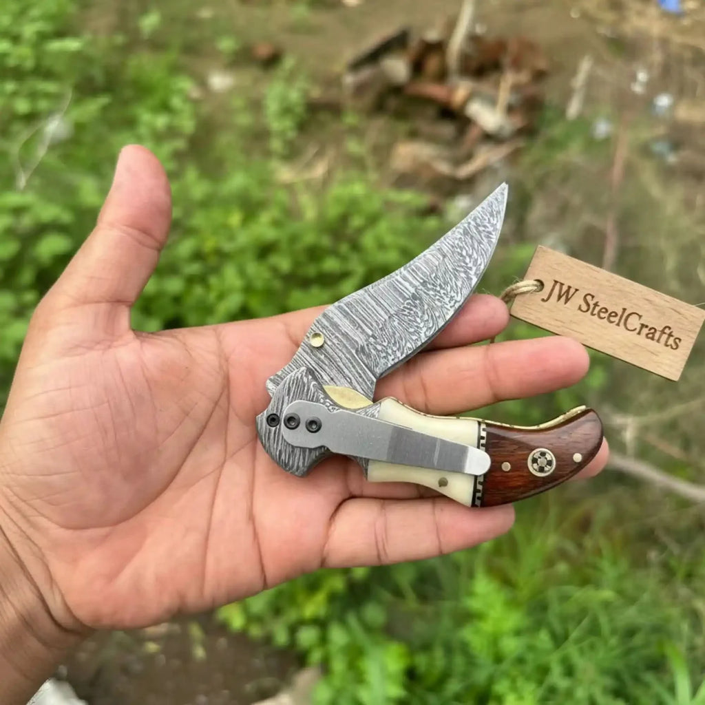 Damascus Neck Folding Knife with Rosewood & Bone Handle