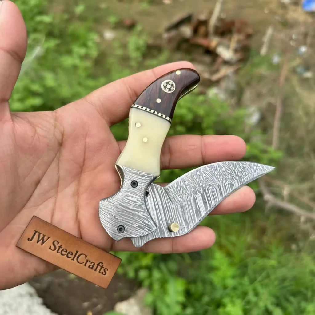 Damascus Neck Folding Knife with Rosewood & Bone Handle