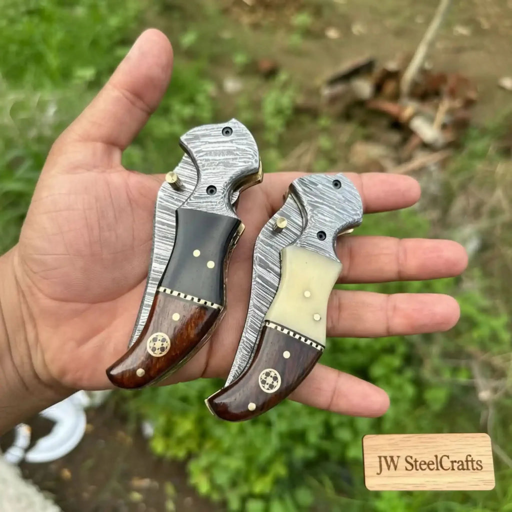 Damascus Neck Folding Knife Set with Rosewood Black & Cream Handles