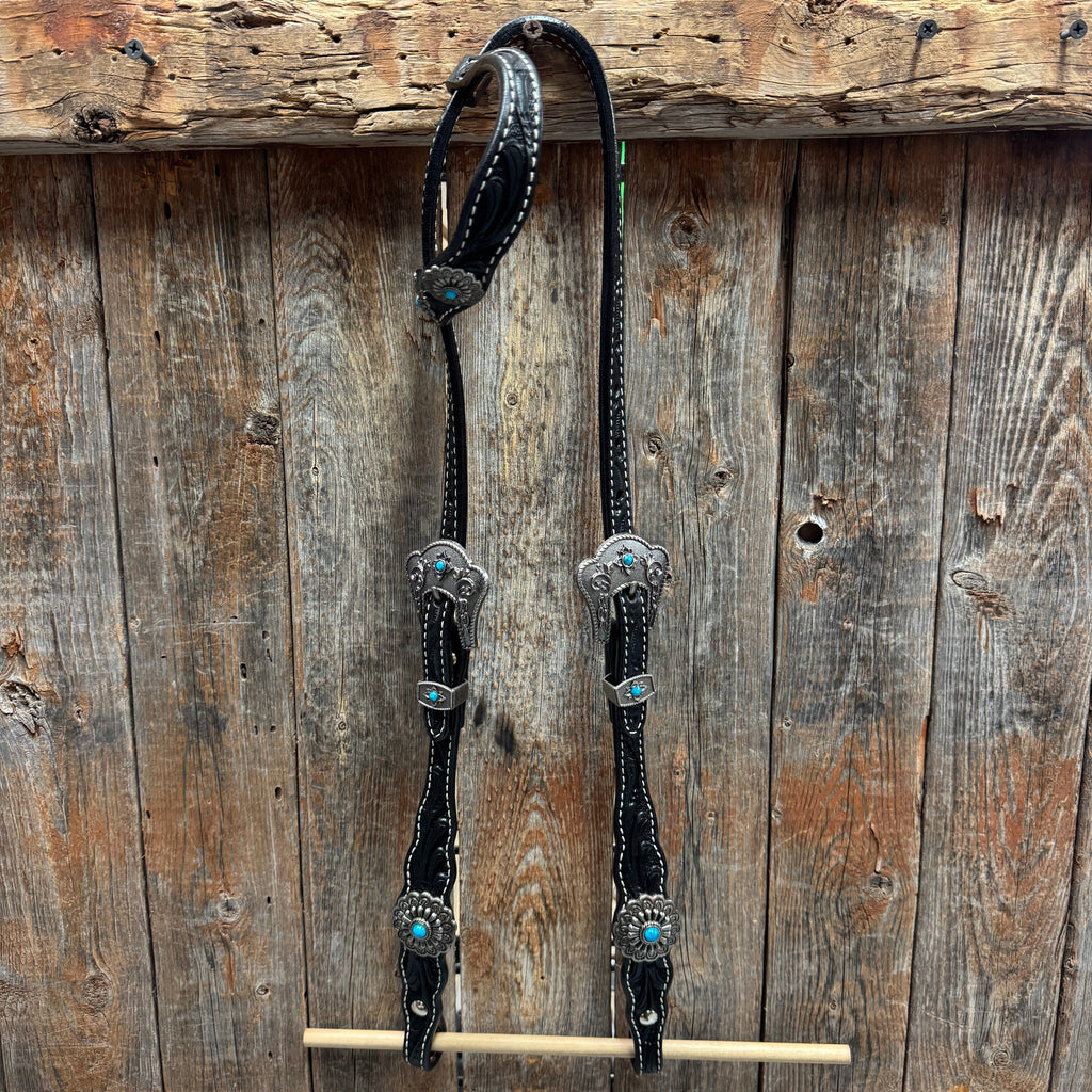 Black Floral Antique Silver Turquoise Browband/One Ear Tack Set #BBBC489 — view 7