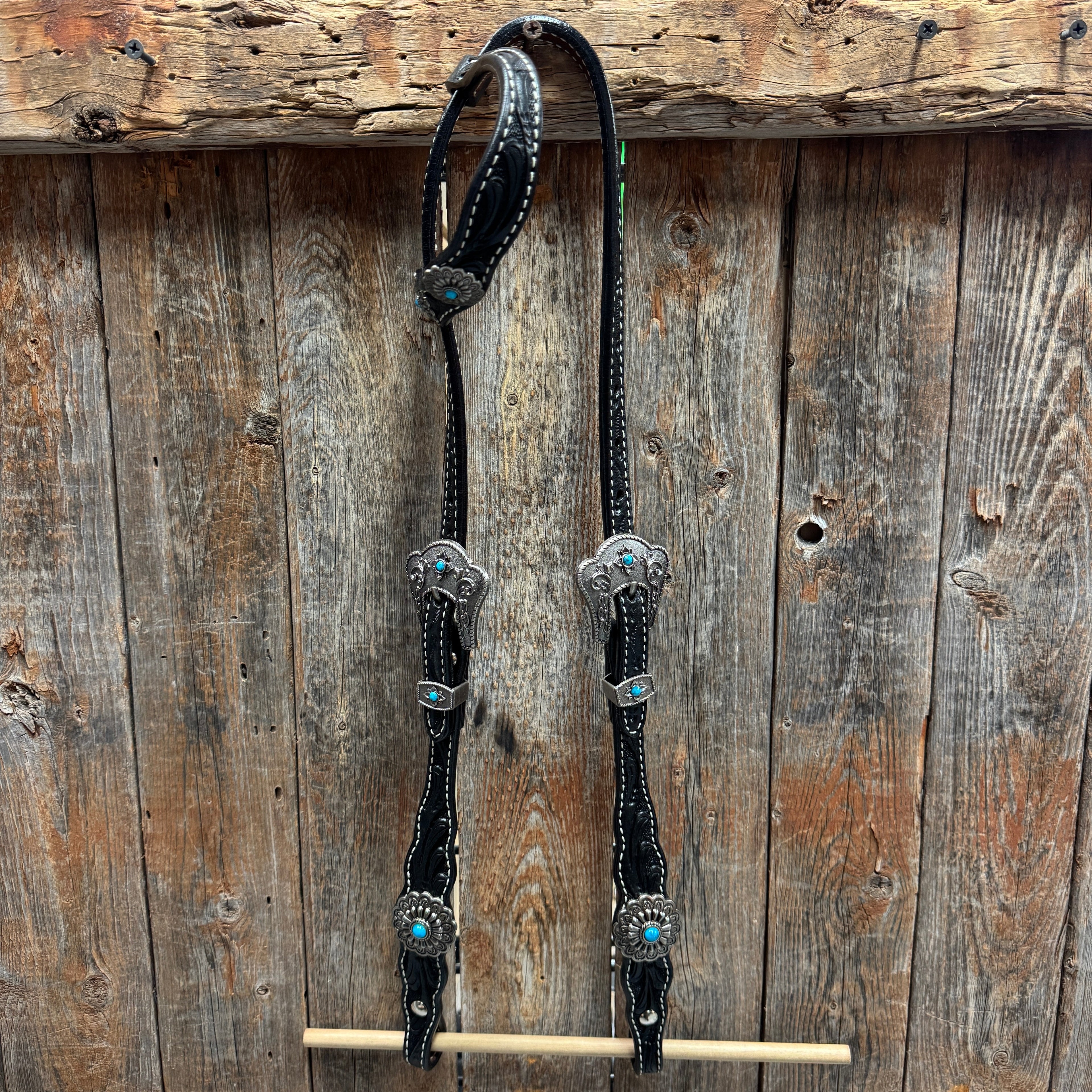 Black Floral Antique Silver Turquoise Browband/One Ear Tack Set #BBBC489 — view 7