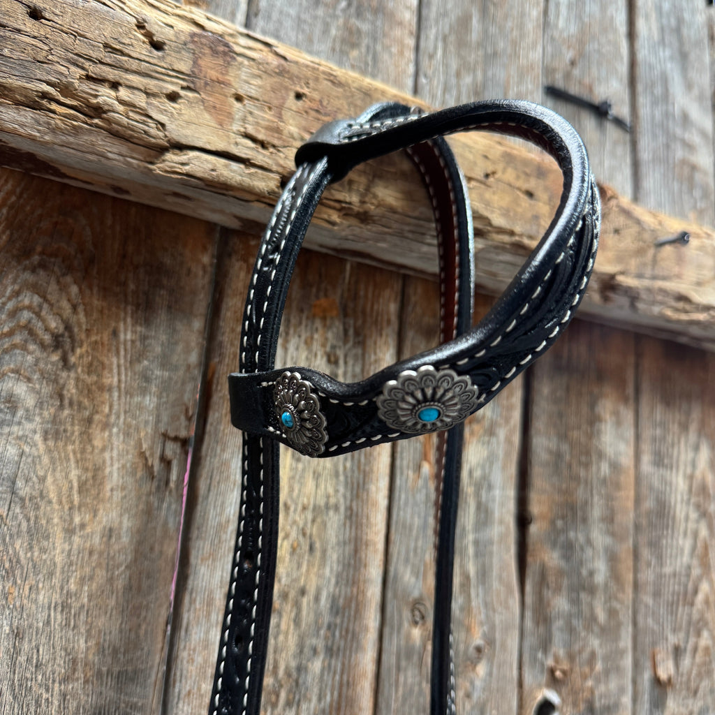 Black Floral Antique Silver Turquoise Browband/One Ear Tack Set #BBBC489 — view 8
