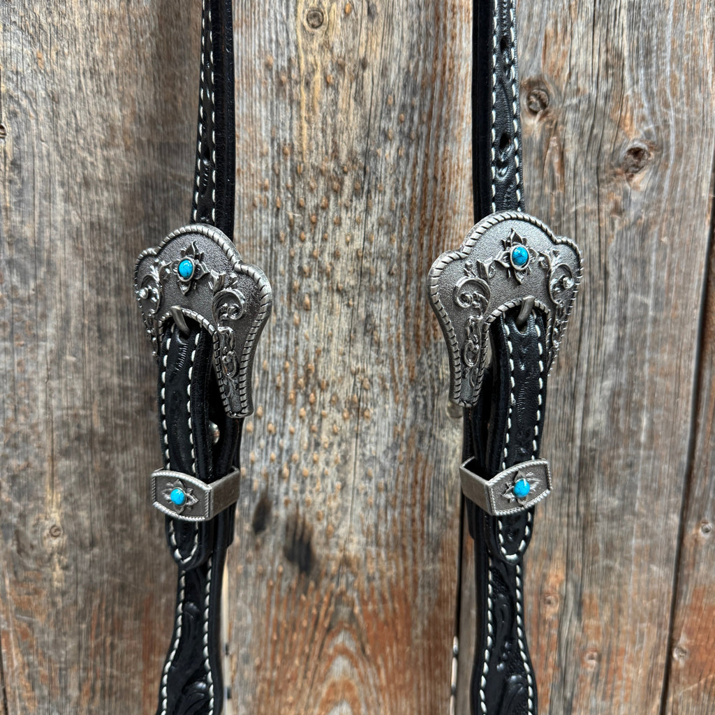 Black Floral Antique Silver Turquoise Browband/One Ear Tack Set #BBBC489 — view 5