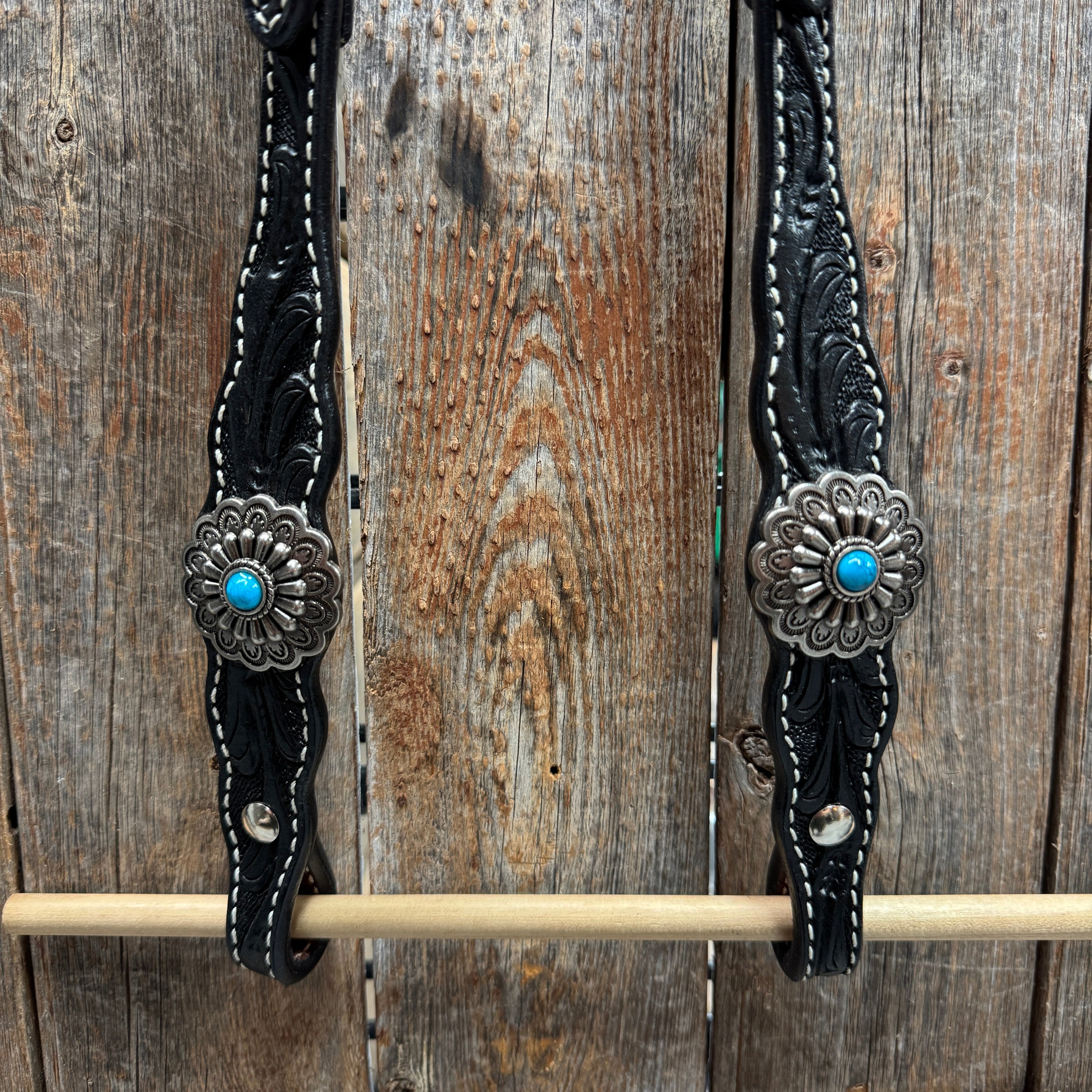 Black Floral Antique Silver Turquoise Browband/One Ear Tack Set #BBBC489 — view 6