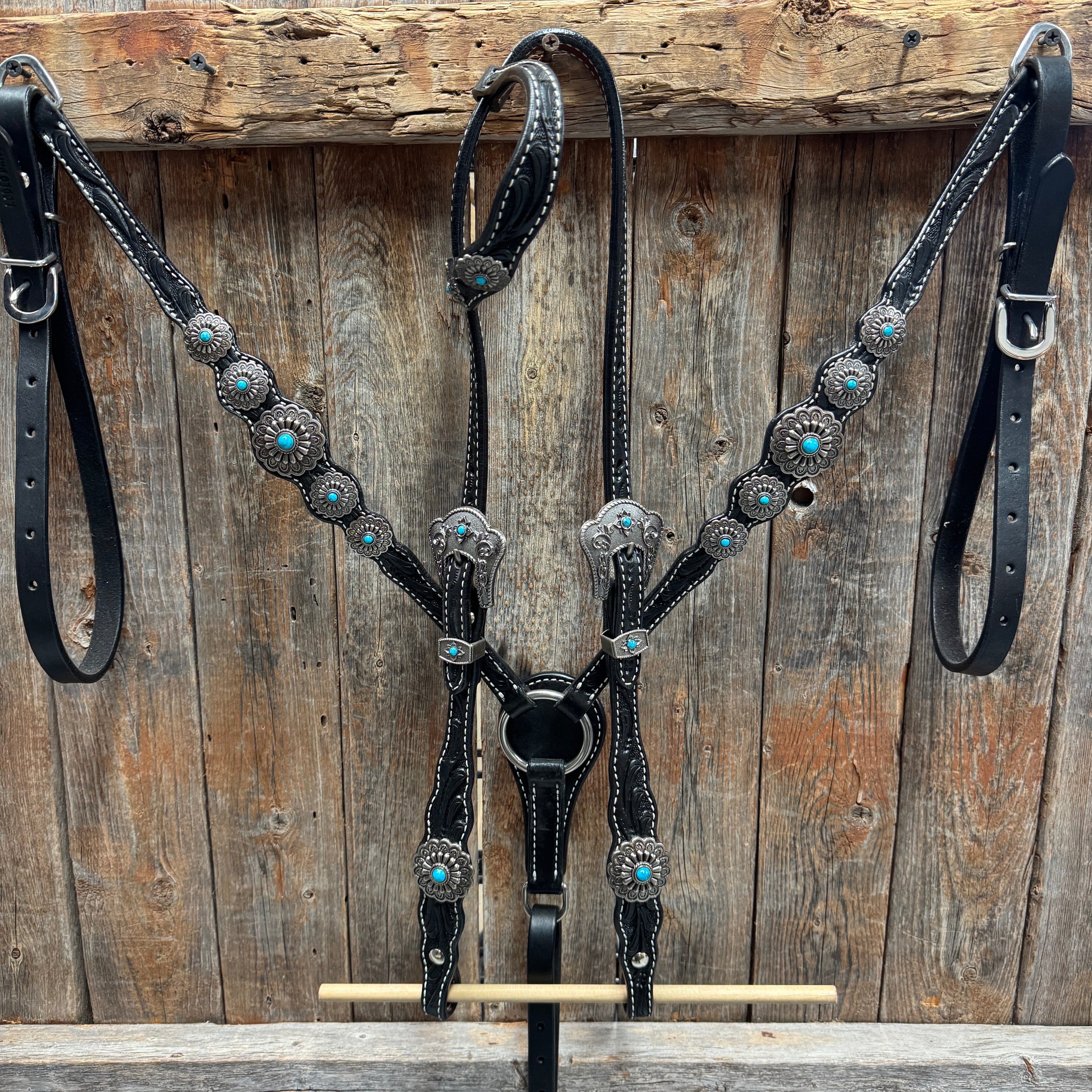 Black Floral Antique Silver Turquoise Browband/One Ear Tack Set #BBBC489 — view 2