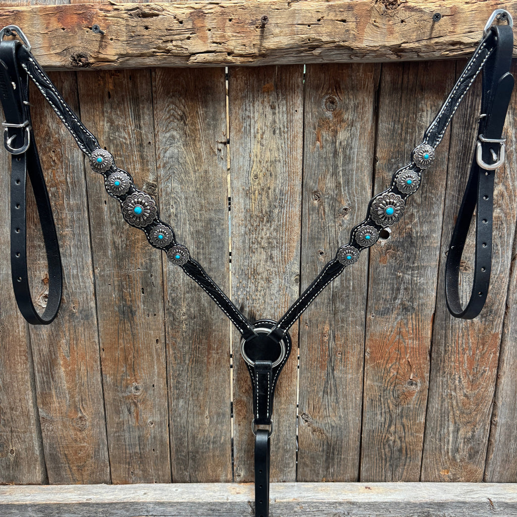 Black Floral Antique Silver Turquoise Browband/One Ear Tack Set #BBBC489 — view 9