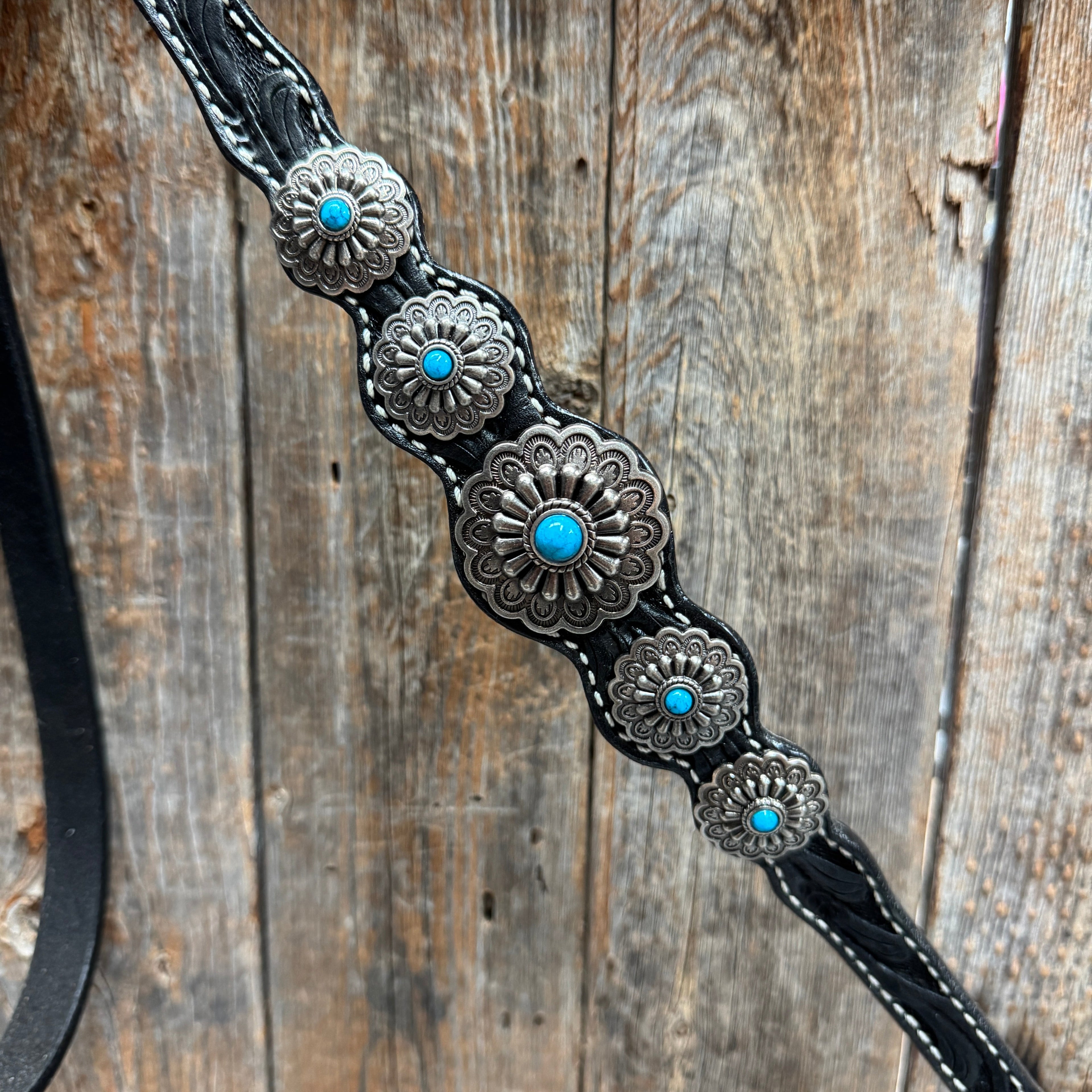 Black Floral Antique Silver Turquoise Browband/One Ear Tack Set #BBBC489 — view 10
