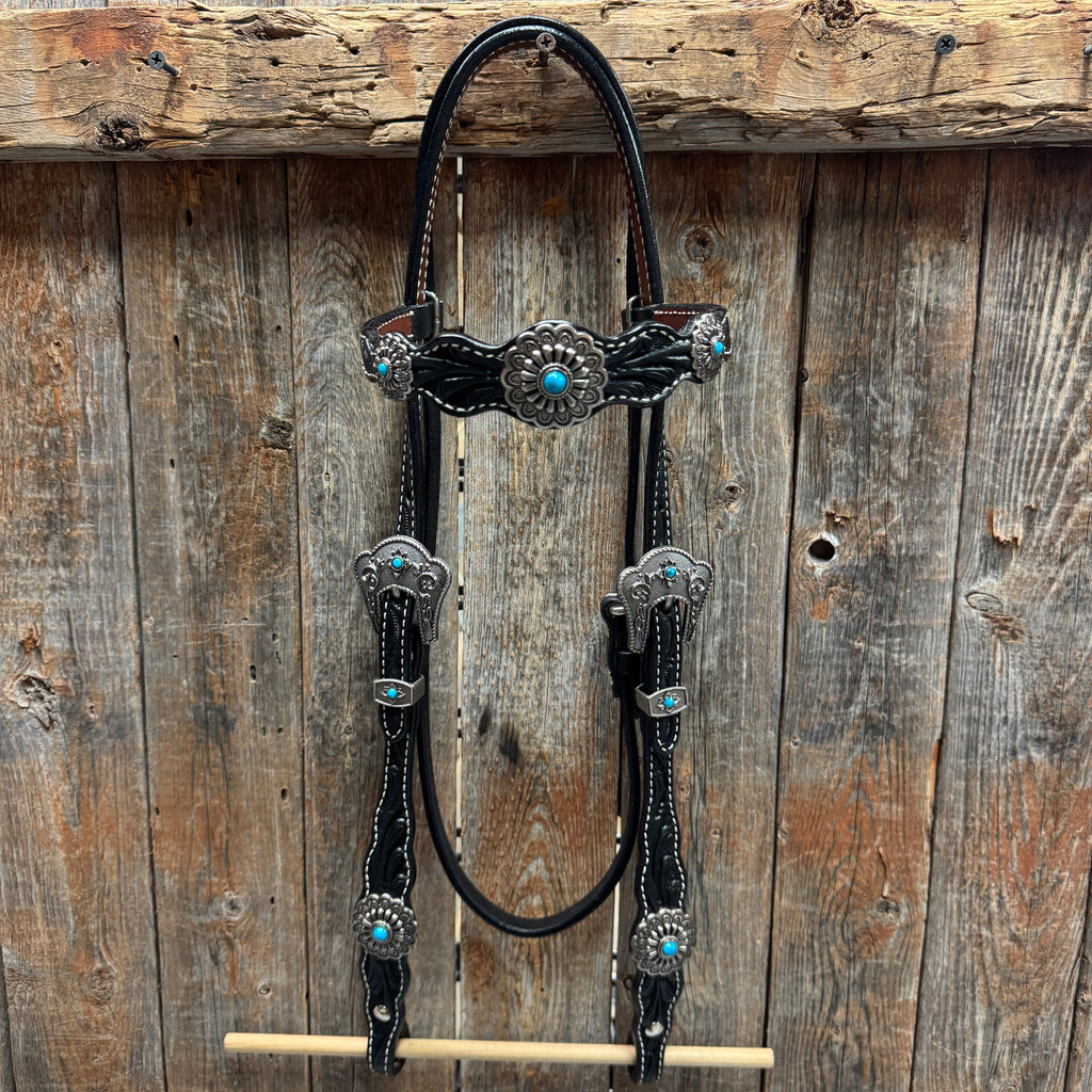 Black Floral Antique Silver Turquoise Browband/One Ear Tack Set #BBBC489 — view 3