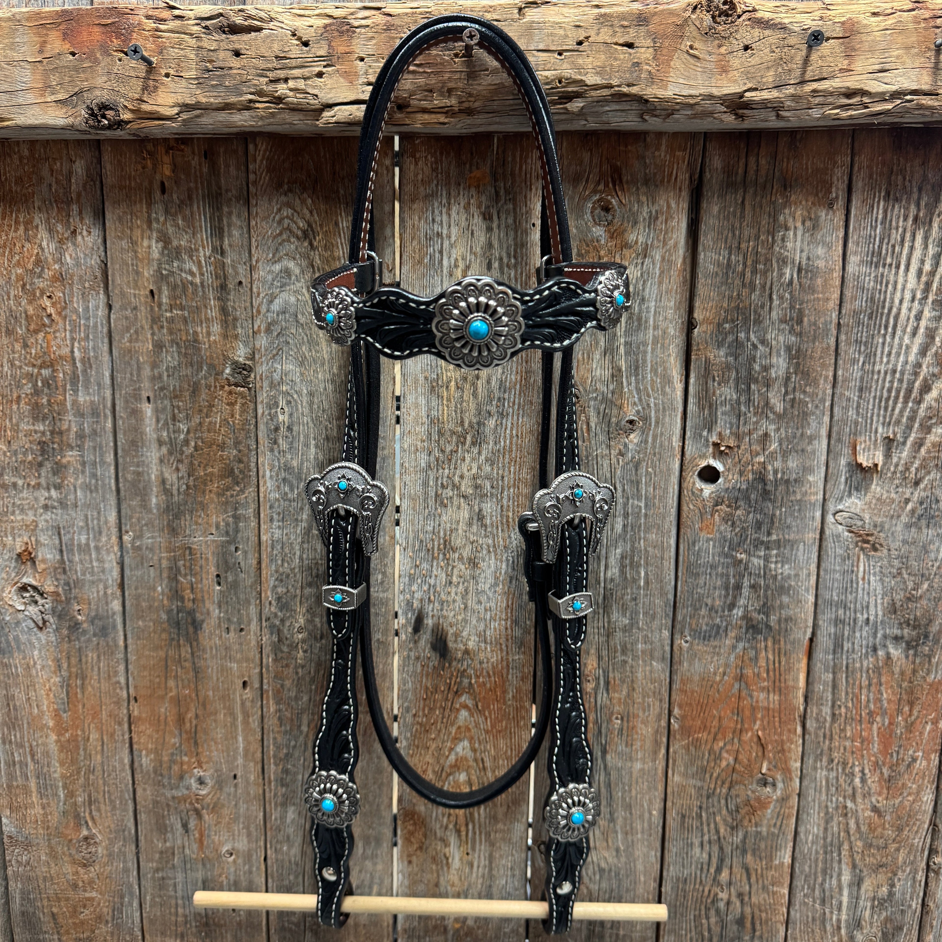 Black Floral Antique Silver Turquoise Browband/One Ear Tack Set #BBBC489 — view 3