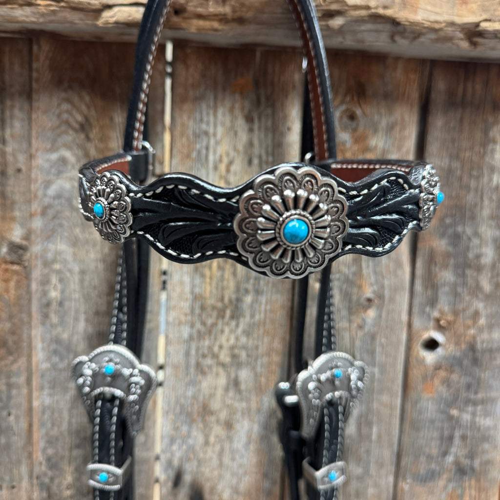 Black Floral Antique Silver Turquoise Browband/One Ear Tack Set #BBBC489 — view 4