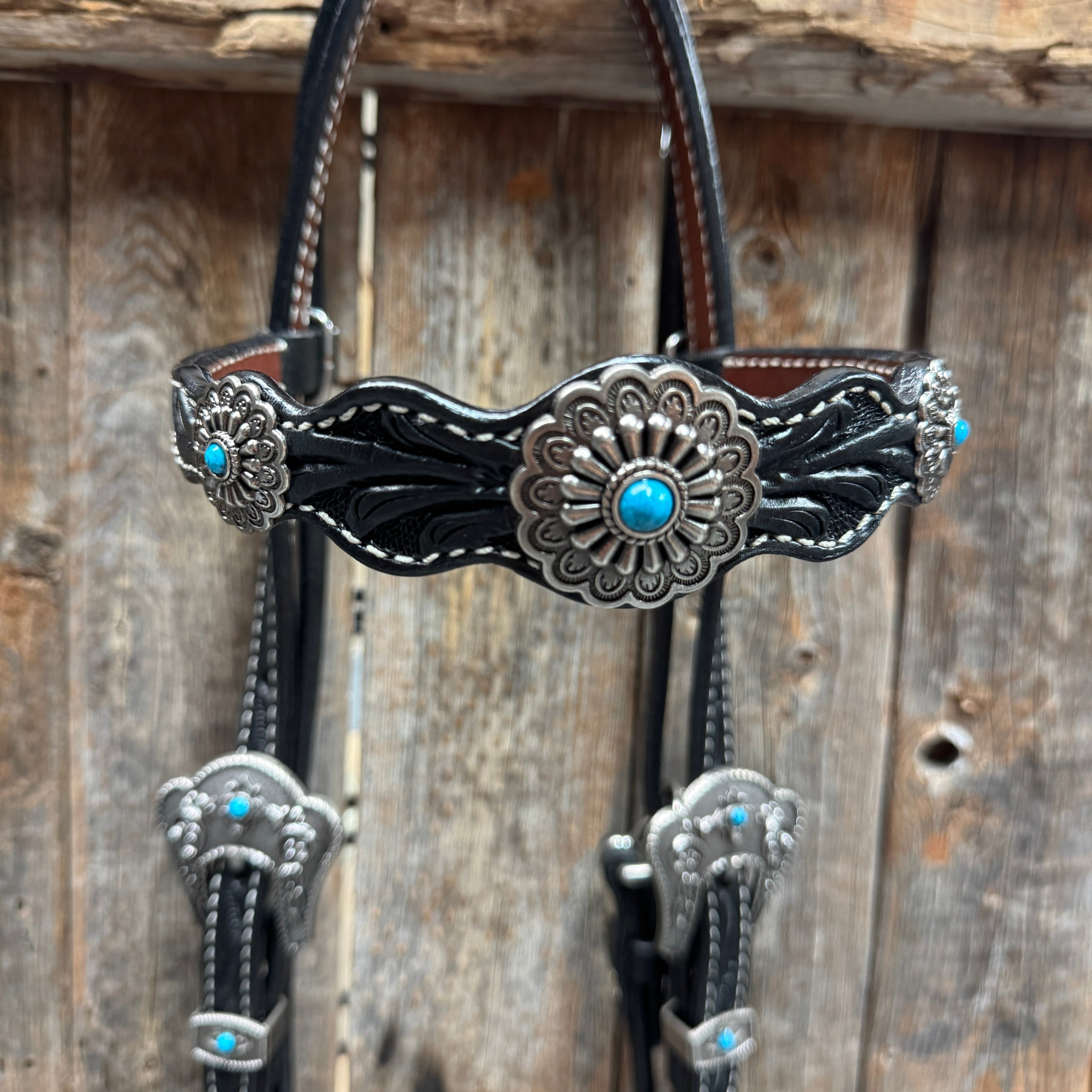 Black Floral Antique Silver Turquoise Browband/One Ear Tack Set #BBBC489 — view 4