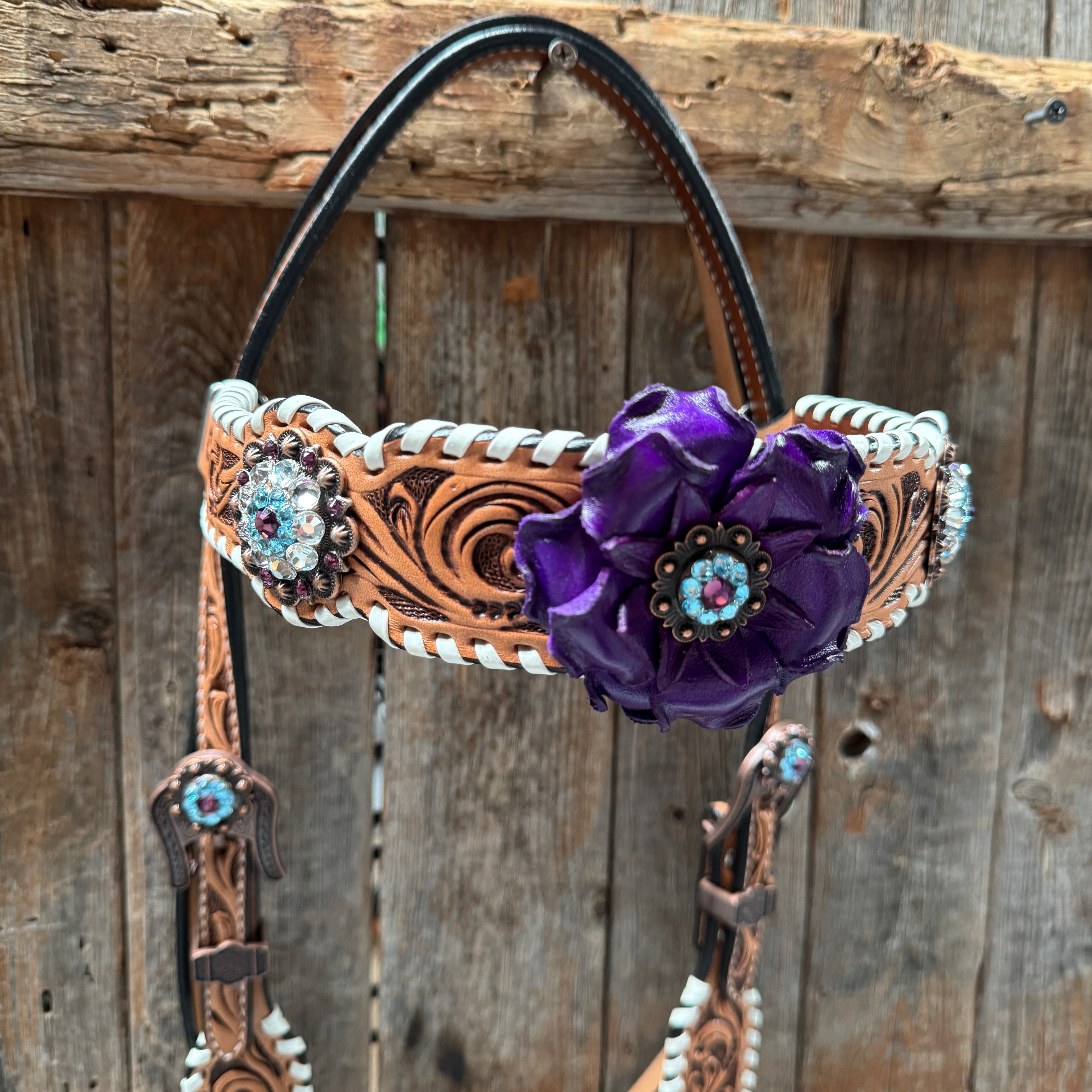 Light Oil Whipstitch Purple Gardenia Browband/One Ear Tack Set #BBBC492 — view 4