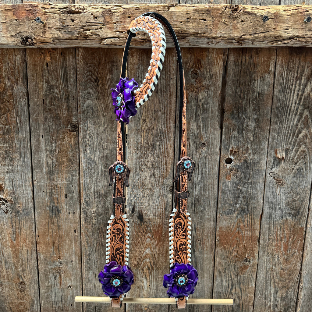 Light Oil Whipstitch Purple Gardenia Browband/One Ear Tack Set #BBBC492 — view 5