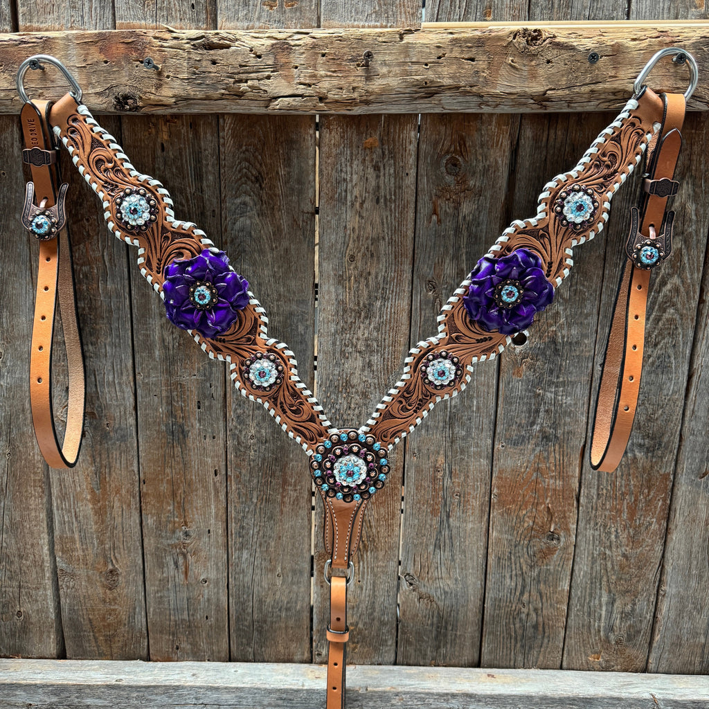 Light Oil Whipstitch Purple Gardenia Browband/One Ear Tack Set #BBBC492 — view 9