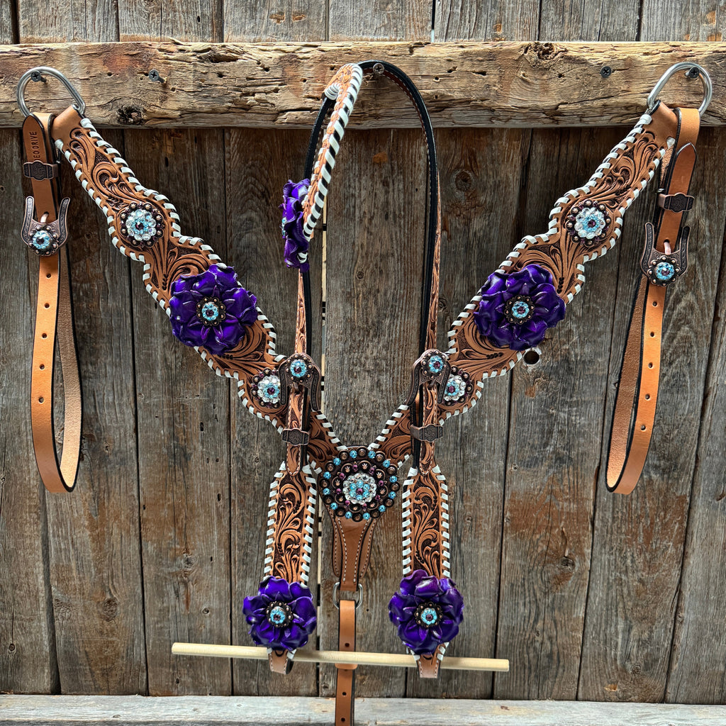 Light Oil Whipstitch Purple Gardenia Browband/One Ear Tack Set #BBBC492 — view 2