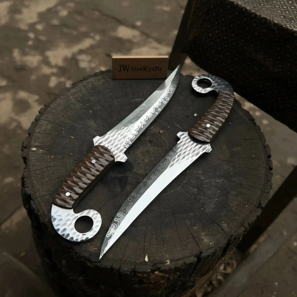 Handcrafted Persian Inspired Fixed Blade Knife Trailing Point Curved Blade with Finger Ring Tactical Utility Knife